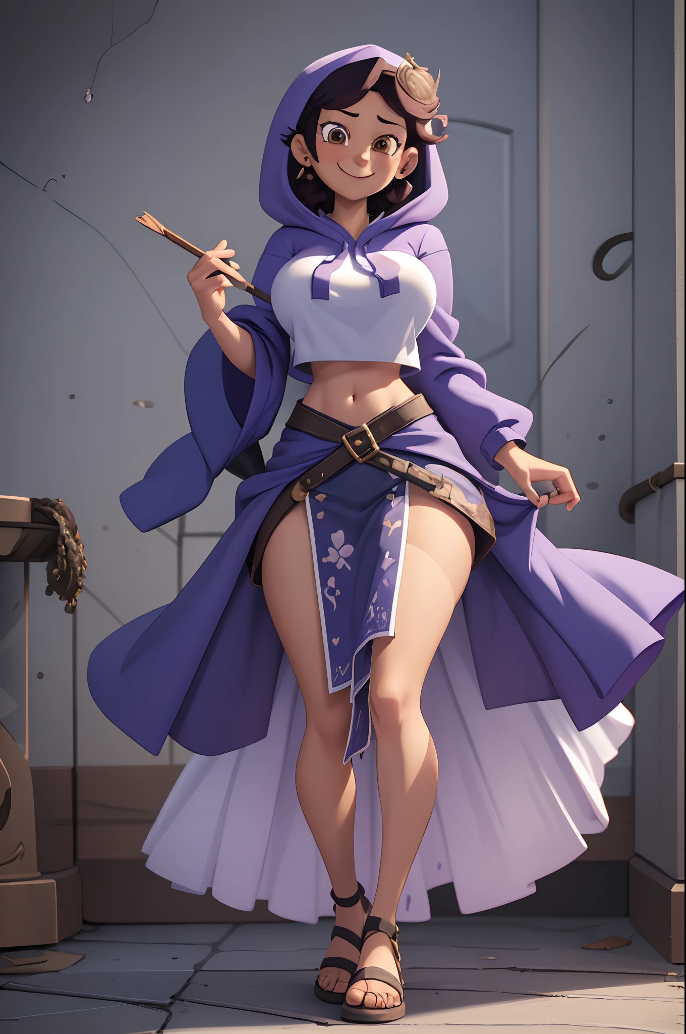 1girl, masterpiece, (detailed background), best quality, absurdres, looking at viewer, smiling, dakimakura,, purple hoody, midriff, white background, white loafers, thighs, kneesocks, luz noceda,, long dress, long skirt,huge breast, full body, flipflops, pullover, victorian cloths