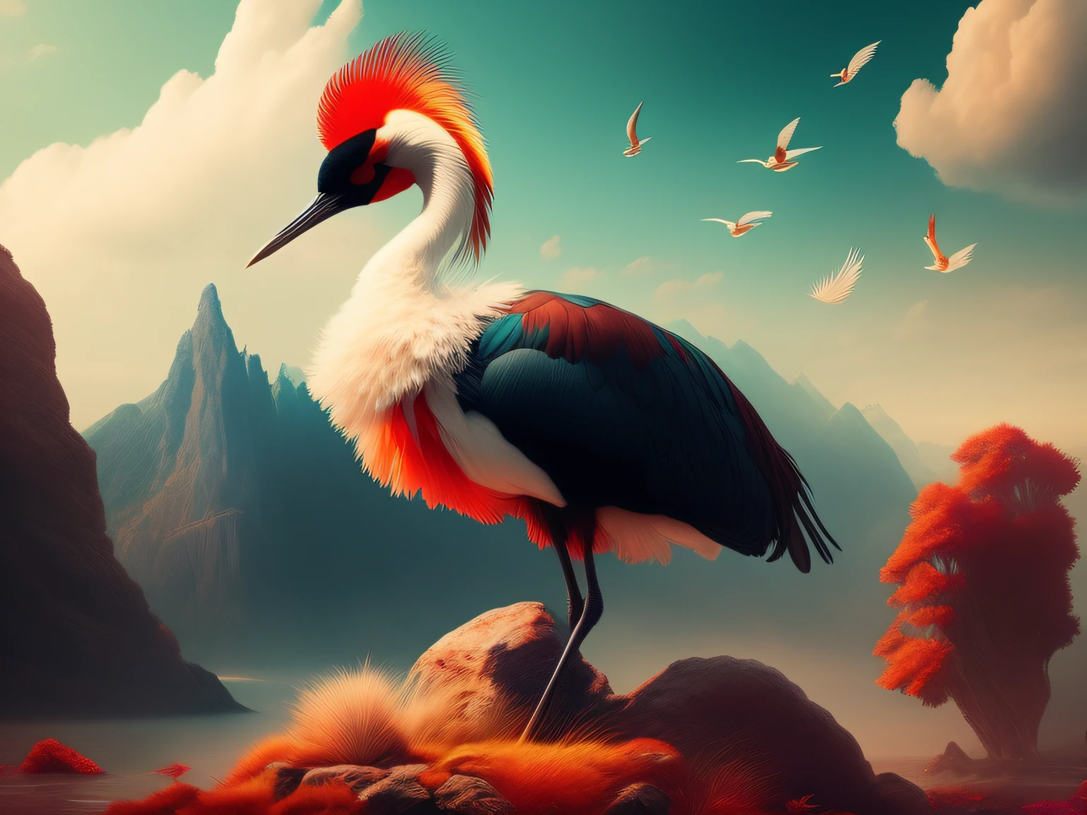 There is a one-legged red-crowned crane standing on a rock in the grass, a digital painting inspired by Mike Winkelmann, cgsociety contest winner, Fantasy art, fiery bird, birds f cgsociety, Beautiful digital artwork, surrealistic bird, Fantasy art Behance, stunning digital illustration, artwork of a phoenix, surrealistic bird, trend on behance 3d art