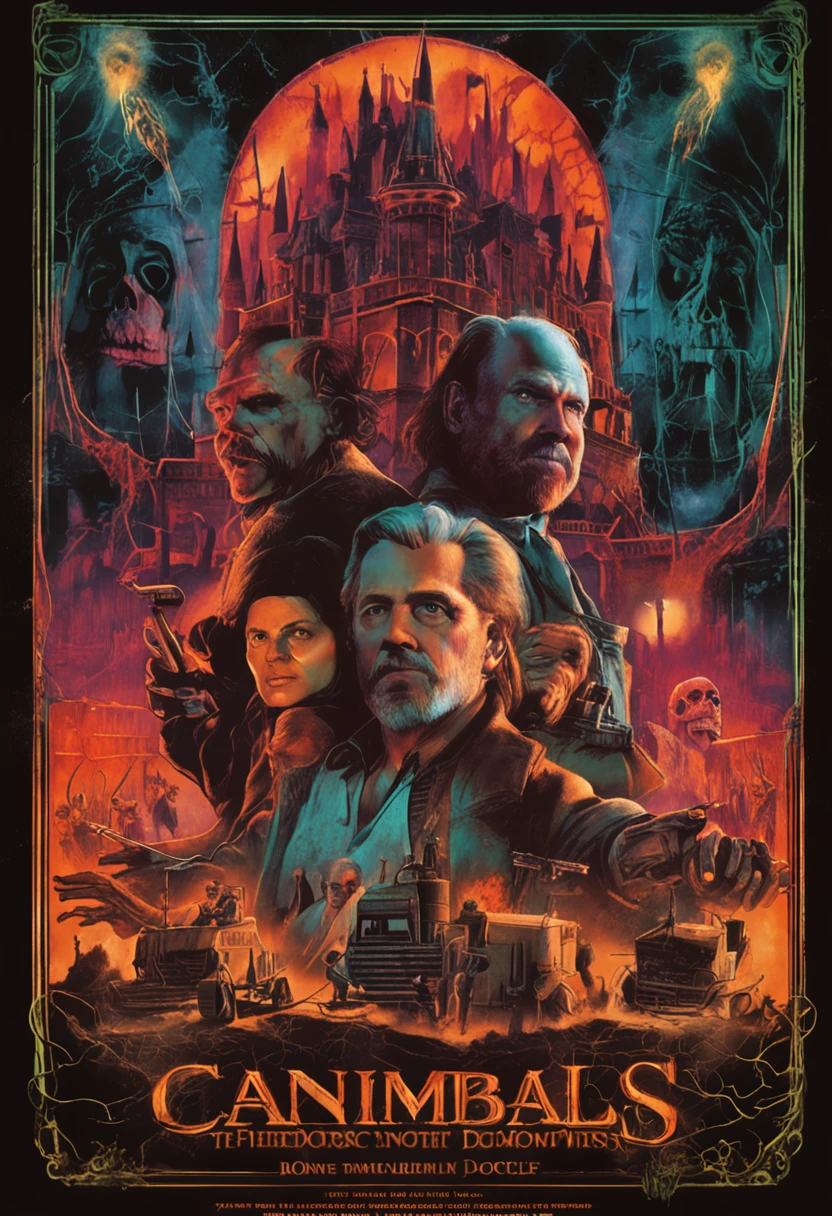 The epic Drew Struzan-style movie poster follows a notorious scientist conducting gruesome experiments in an isolated castle, Create a bunch of cannibalistic abominations, A team of commandos was sent to end his reign of terror.