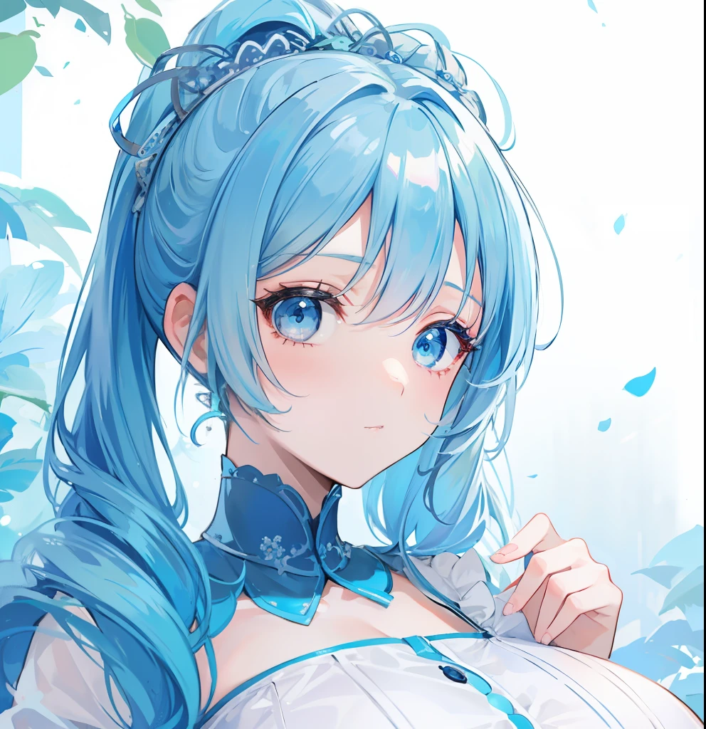 blue hairs，Blue and white clothes，Sexy big breasts，Sell cute very cute sweet girl，Same hairstyle and clothes as pictured，But more detailed than pictures，more clearly，More refined