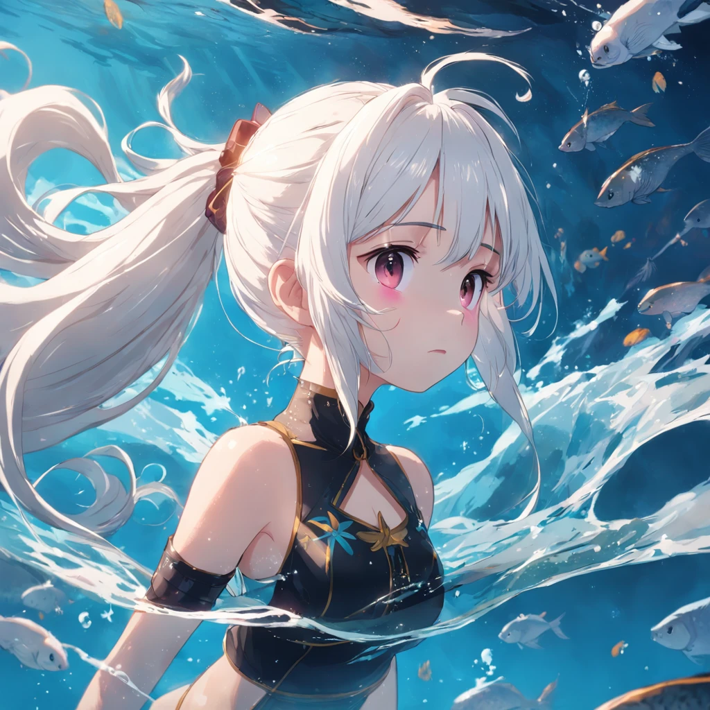A girl with white hair in a high ponytail floats on the bottom of the sea。
