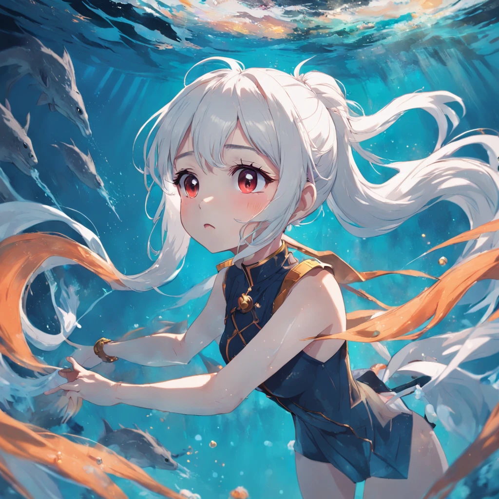 A girl with white hair in a high ponytail floats on the bottom of the sea。