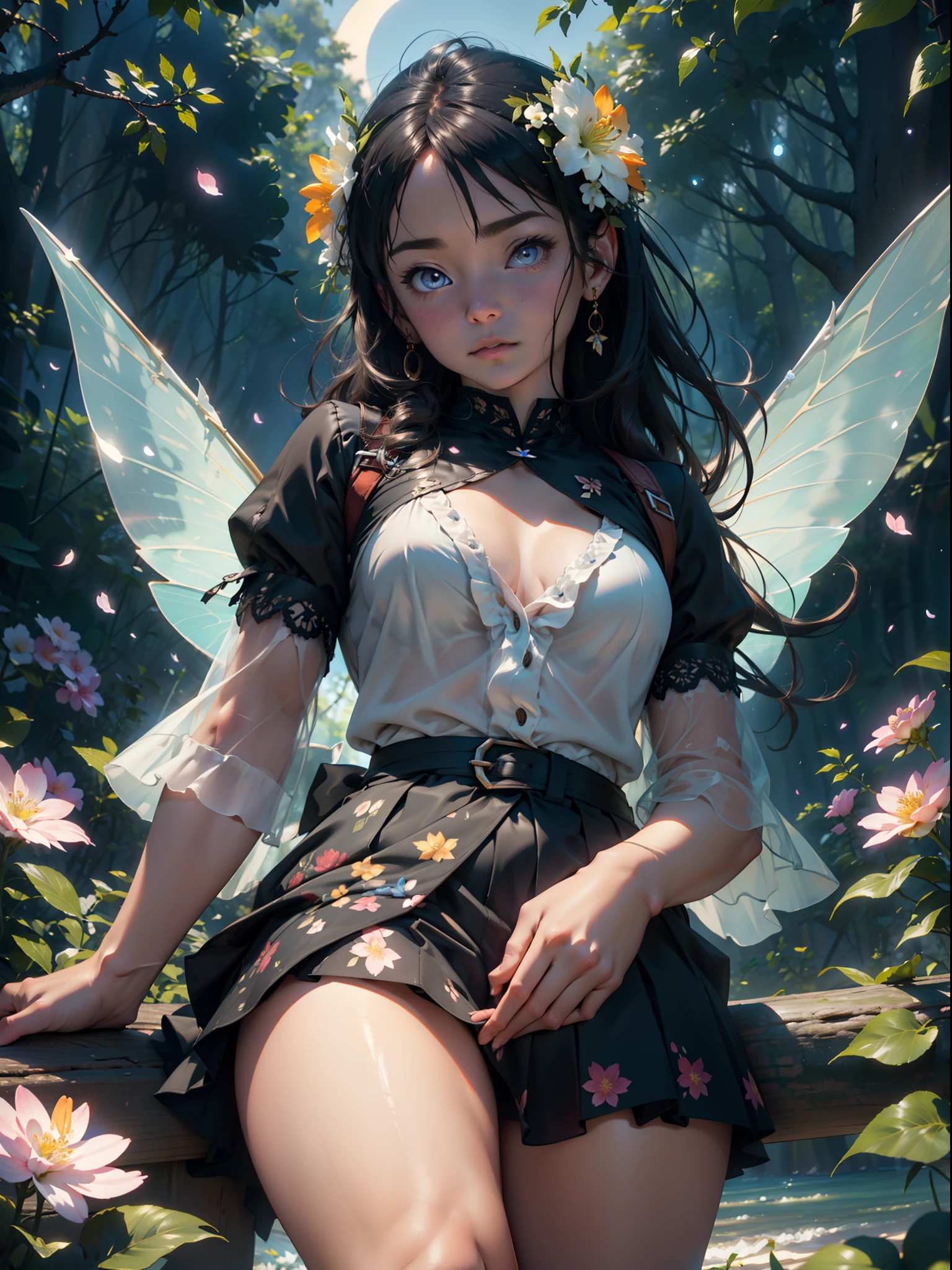 ln the forest，night moon，Mini cute 3 year old flower fairy, Chubby toot，Skirt made of petals，fresh flowers，Colorful colorful，Transparent colorful wings, Magic wand，closeup cleavage，Light attenuation，Glow effects，depth of fields，high light，Real light，Ray traching，oc rendered，Hyper-realistic，best qualtiy，8K，Works of masters，super-fine，Detailed pubic hair，Correct anatomy，sharp focus on eyes，Bokeh，Facial features are carefully depicted