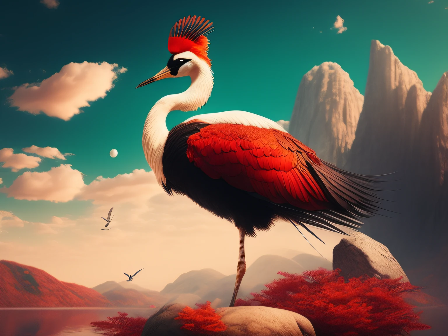 There is a one-legged red-crowned crane standing on a rock in the grass, a digital painting inspired by Mike Winkelmann, cgsociety contest winner, Fantasy art, fiery bird, birds f cgsociety, Beautiful digital artwork, surrealistic bird, Fantasy art Behance, stunning digital illustration, artwork of a phoenix, surrealistic bird, trend on behance 3d art