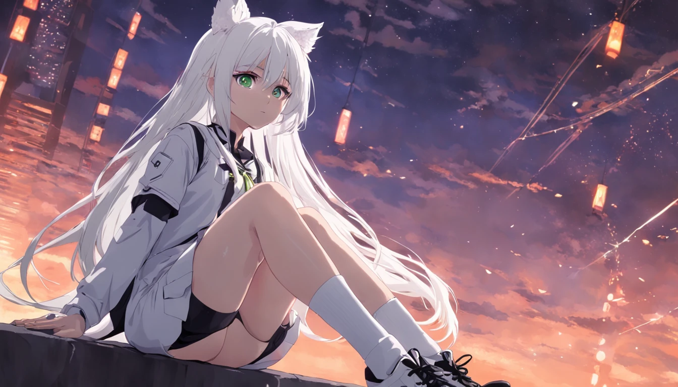 Animal ears, Leg rings, White hair, Long hair, Green eyes, JK over-the-knee socks(white colors)