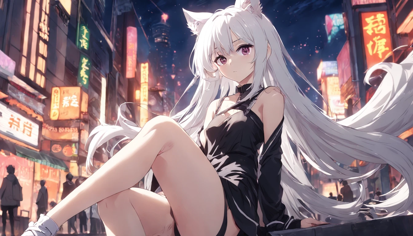Animal ears, Leg rings, White hair, Long hair, Green eyes, JK over-the-knee socks(white colors)