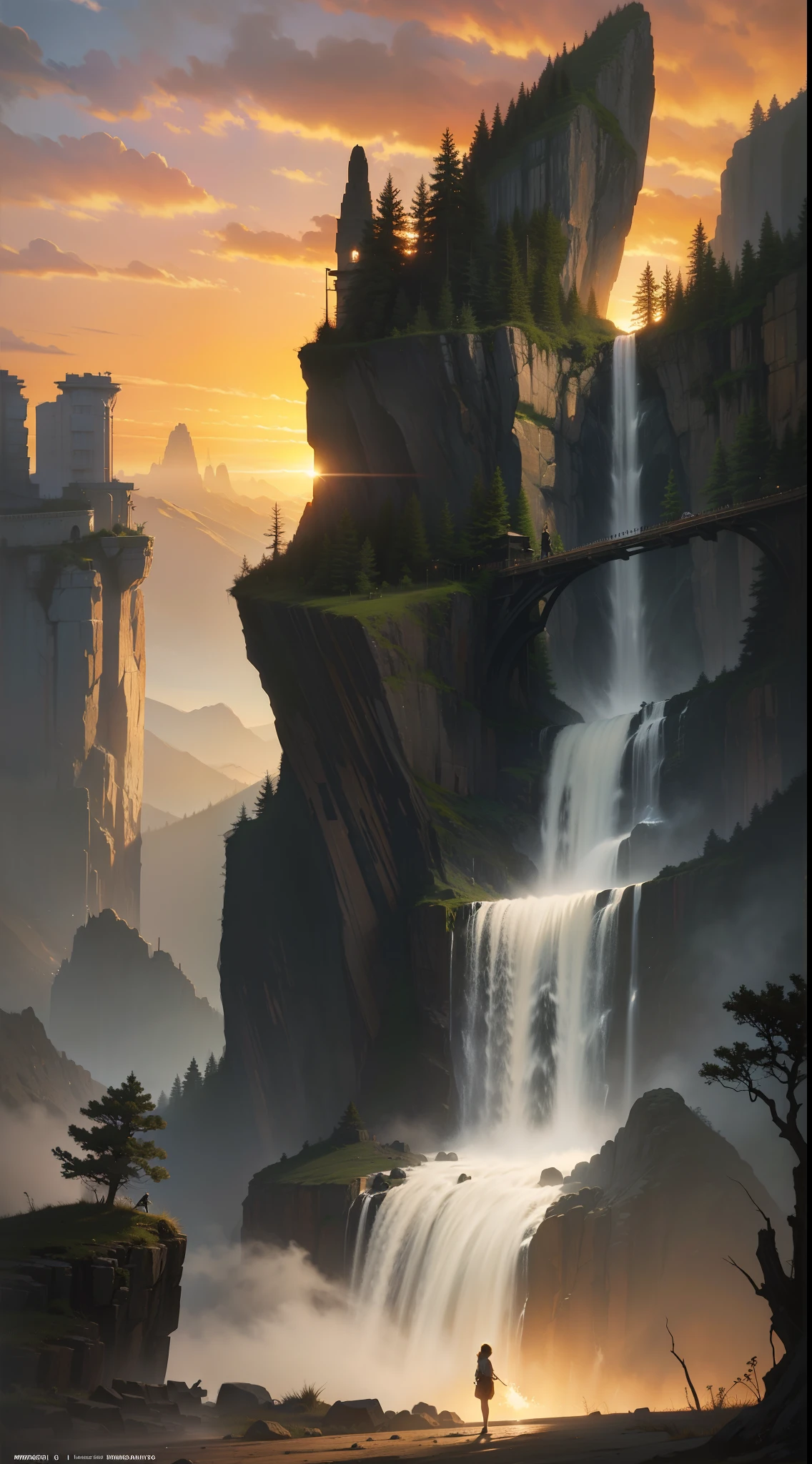waterfallr,Tree cover, , Matte painting, Highly detailed, Dynamic lighting, Cinematic, Realism, Realistic, photoreali, Sunset, Detailed, High contrast, denoised, Centered, Michael Whelan