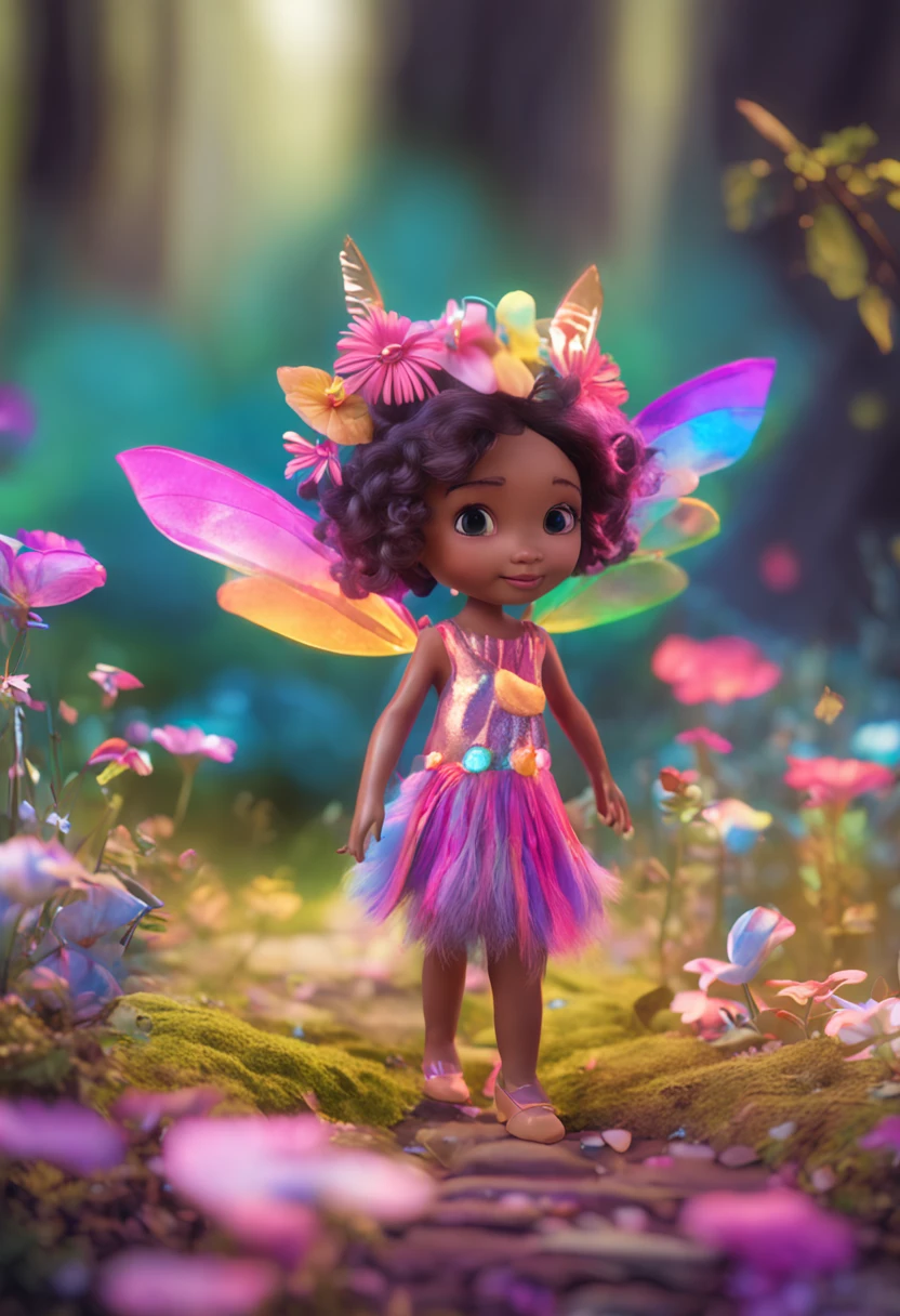 ln the forest,night moon,Mini cute 3 flower fairy, Chubby toot,Skirt made of petals,fresh flowers,Colorful colorful,Transparent colorful wings, Magic wand,closeup cleavage,Light attenuation,Glow effects,depth of fields,high light,Real light,Ray traching,oc rendered,Hyper-realistic,best qualtiy,8K,Works of masters,super-fine,Detailed pubic hair,Correct anatomy,sharp focus on eyes,Bokeh,Facial features are carefully depicted