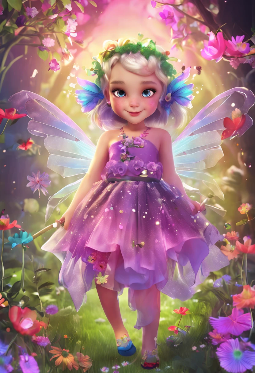 ln the forest,night moon,Mini cute 3 year old flower fairy, Chubby toot,Skirt made of petals,fresh flowers,Colorful colorful,Transparent colorful wings, Magic wand,closeup cleavage,Light attenuation,Glow effects,depth of fields,high light,Real light,Ray traching,oc rendered,Hyper-realistic,best qualtiy,8K,Works of masters,super-fine,Detailed pubic hair,Correct anatomy,sharp focus on eyes,Bokeh,Facial features are carefully depicted