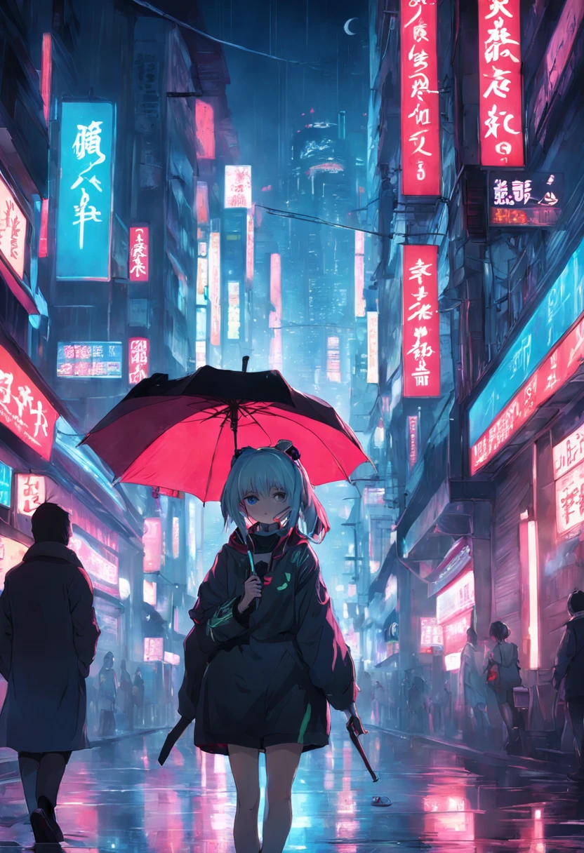 the night，orgy，holding a umbrella，byself，城市，cyber punk perssonage，smog，coat large，Earphone，the street，exteriors，neonlight，smog, Junko junto con zhongli