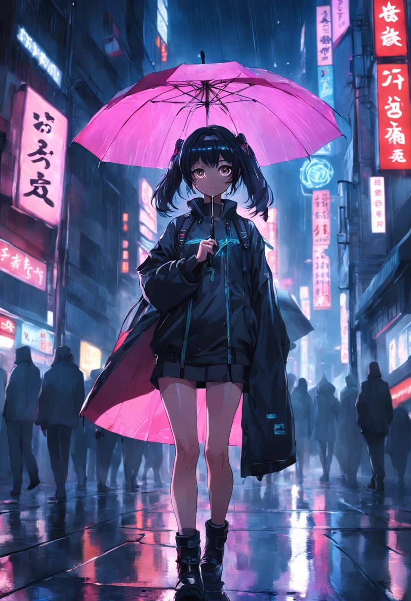 the night,orgy,holding a umbrella,byself,城市,cyber punk perssonage,smog,coat large,Earphone,the street,exteriors,neonlight,smog, Junko junto con zhongli