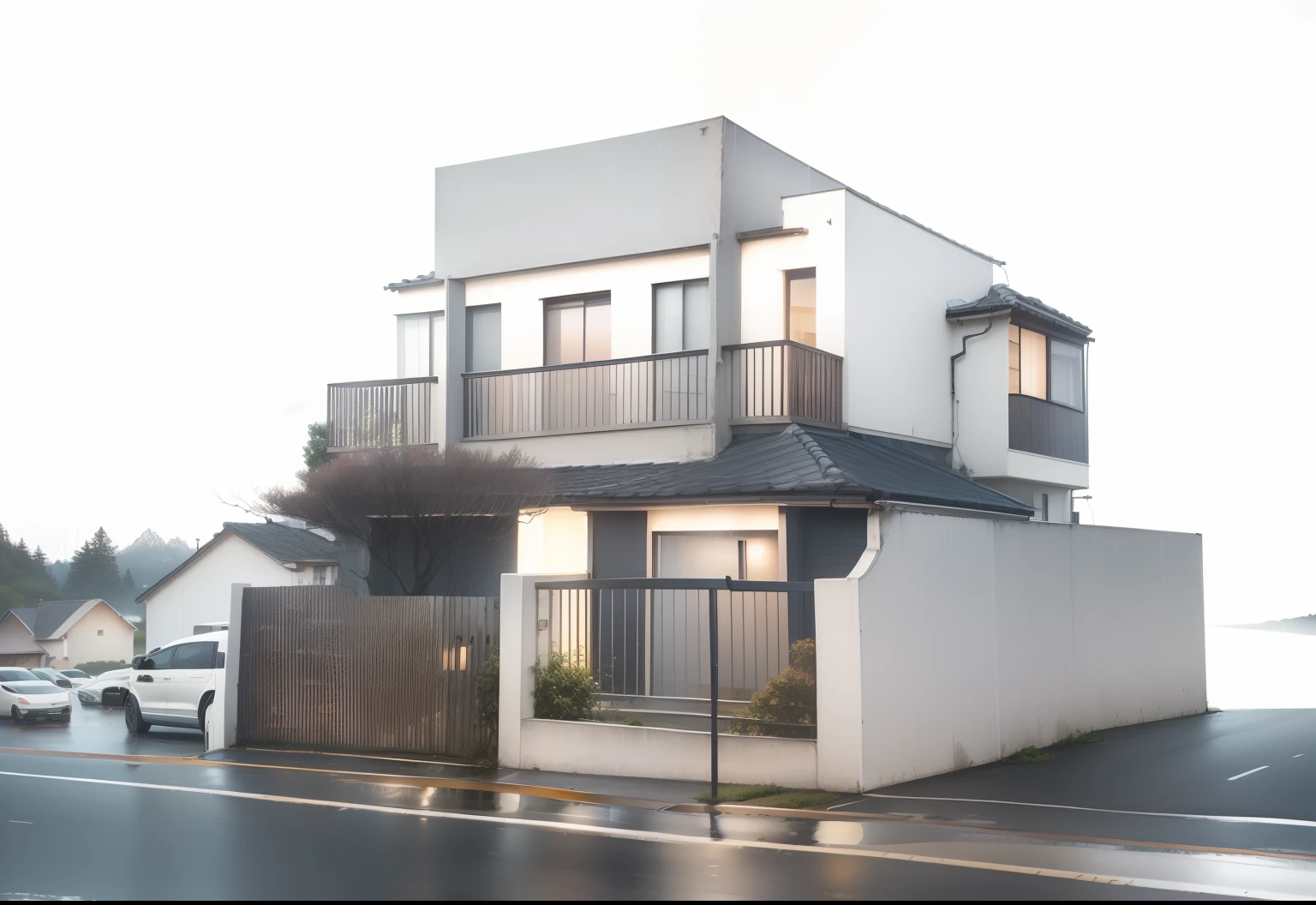 lighting in house, house, sky sunset background, rainy weather, trees around the house, road with cars running, coast, mountains, old tree