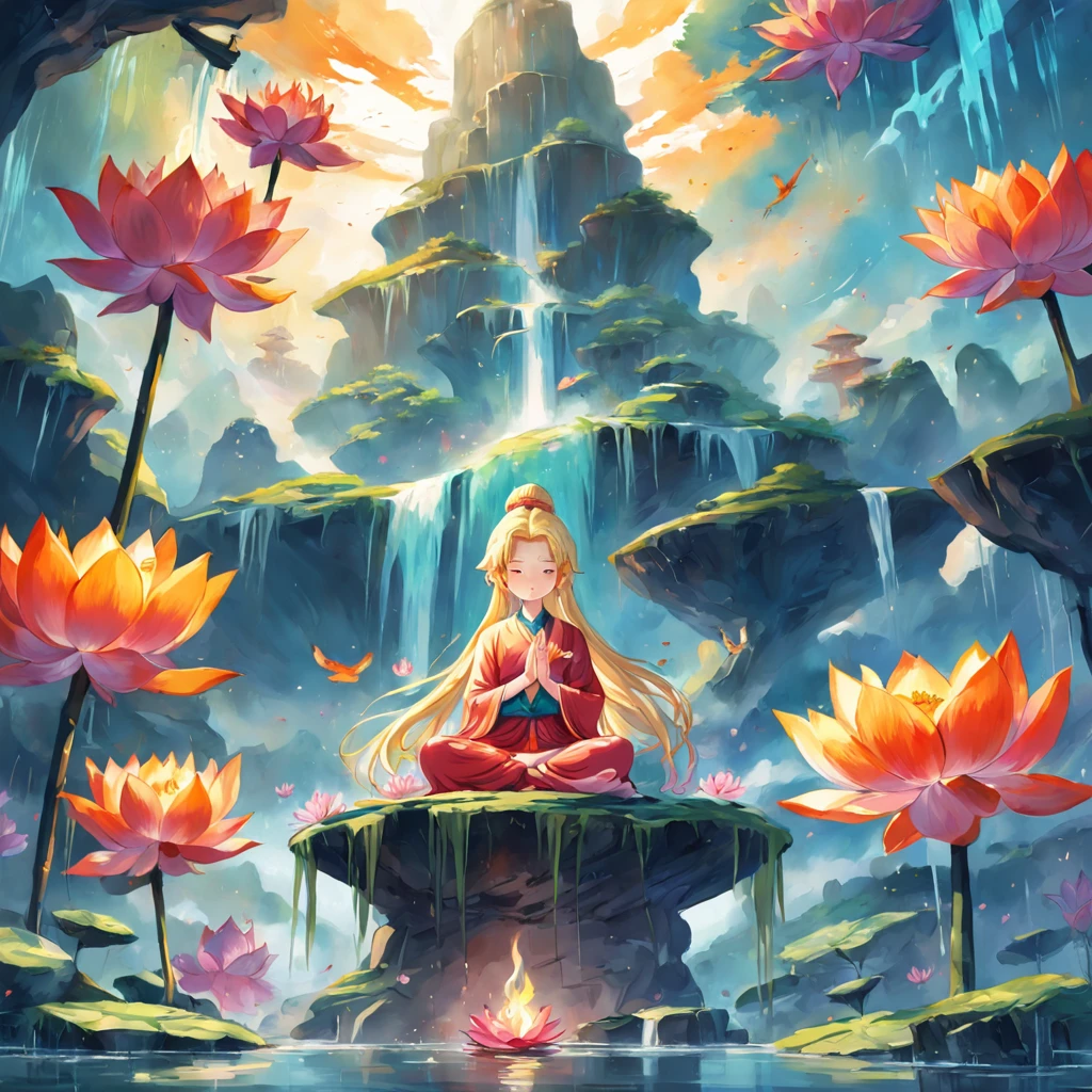 buddha, lotus, halo, vietnam pagoda, heaven, colorfull background, Highest image quality, ultra HD, Close-up, good smell, colorfull bird, fire, water, candle, painted in bright water colors, Colorful illustrations, aquarelle((masterpiece))), illustration