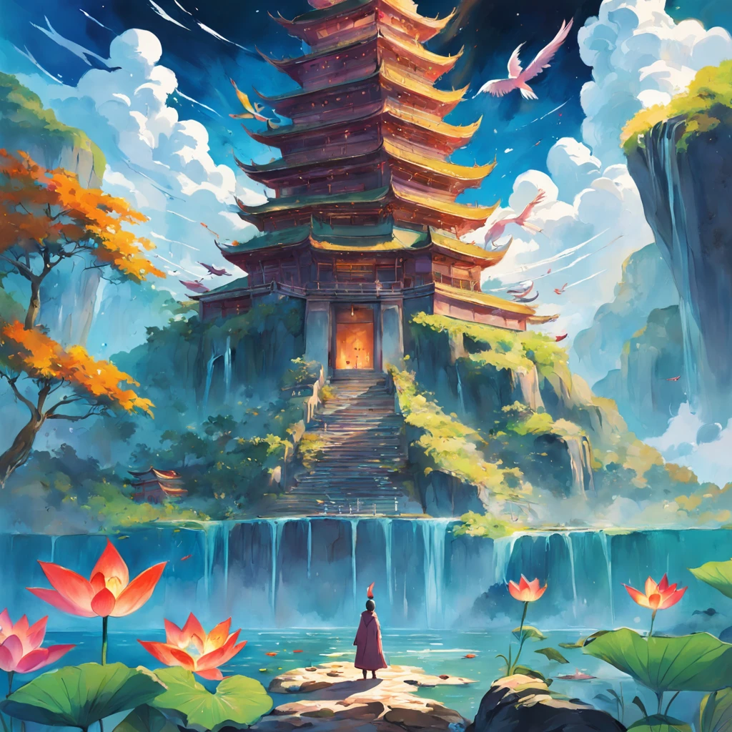 buddha, lotus, halo, vietnam pagoda, heaven, colorfull background, Highest image quality, ultra HD, Close-up, good smell, colorfull bird, fire, water, candle, painted in bright water colors, Colorful illustrations, aquarelle((masterpiece))), illustration