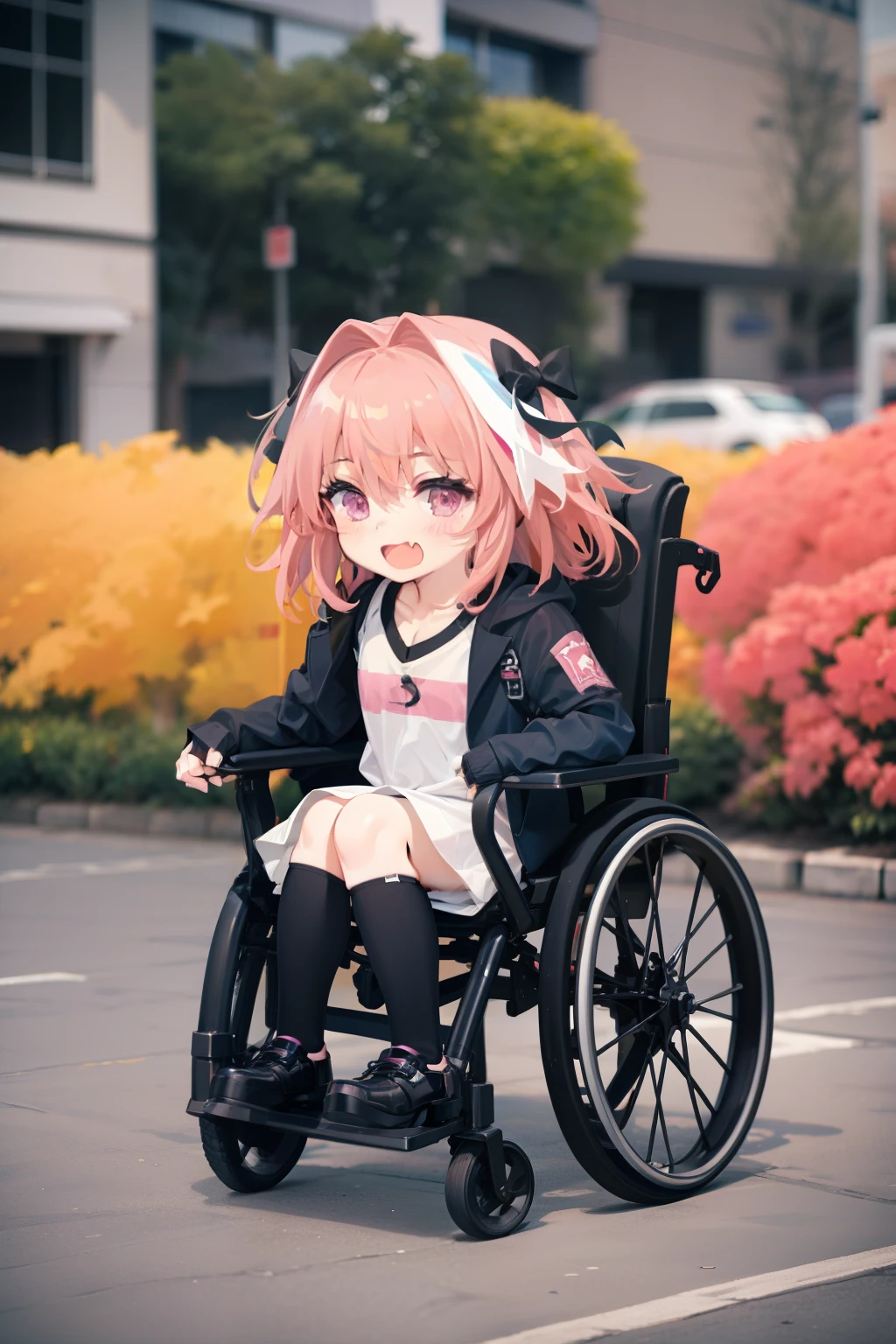,absurdres, masterpiece, best quality, astolfo,pink hair,sitting in wheelchair,chibi,twitchemote,pink eyes