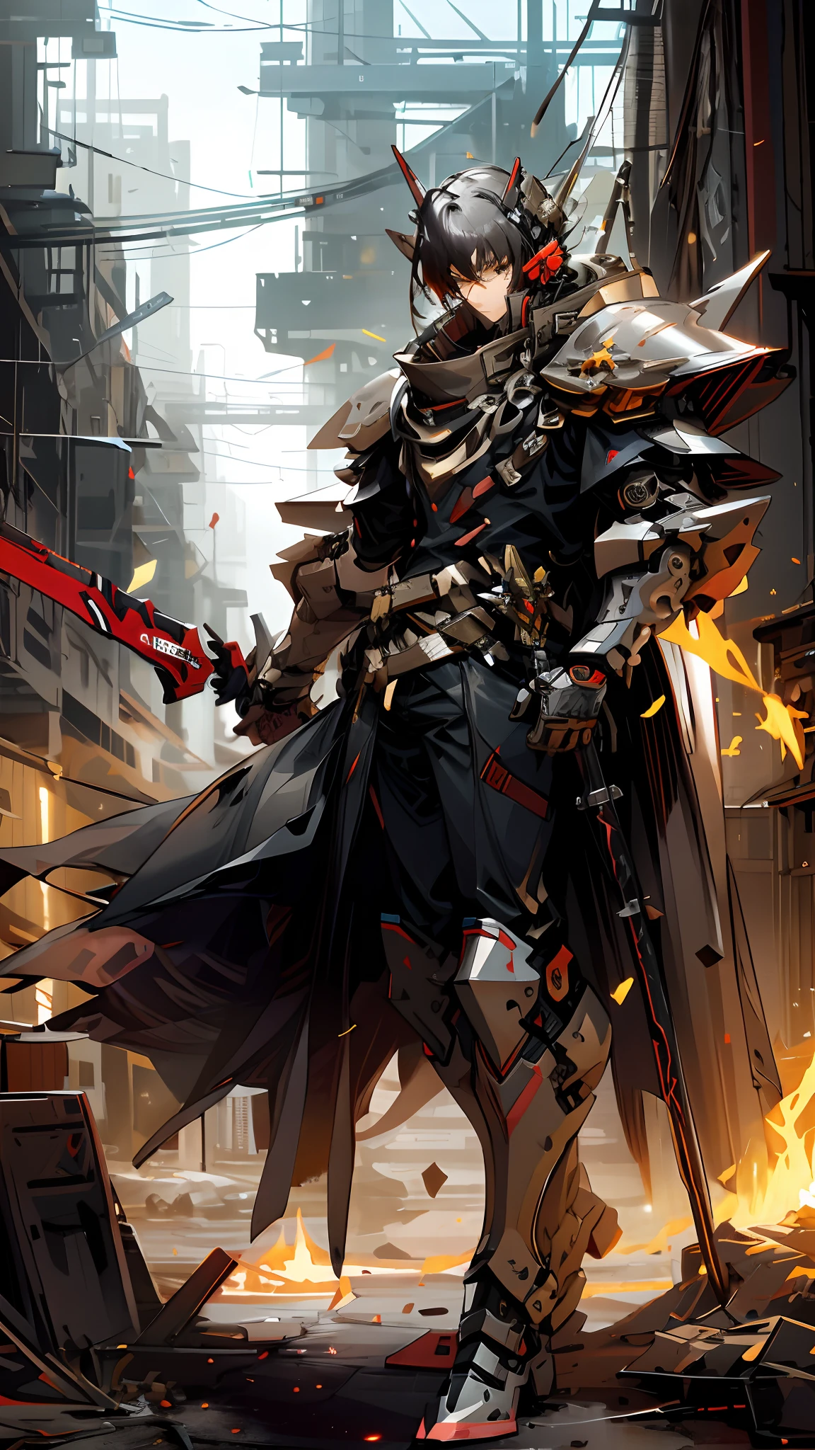 anime character with a sword and armor in a city, style of raymond swanland, guilty gear art direction, by Yang J, benedick bana, inspired by Raymond Swanland, guilty gear art style, High quality digital concept art, Guilty Gear strives to splash art, author：Jeremy Chang, From Arknights, by Raymond Swanland, cgsociety and fenghua zhong