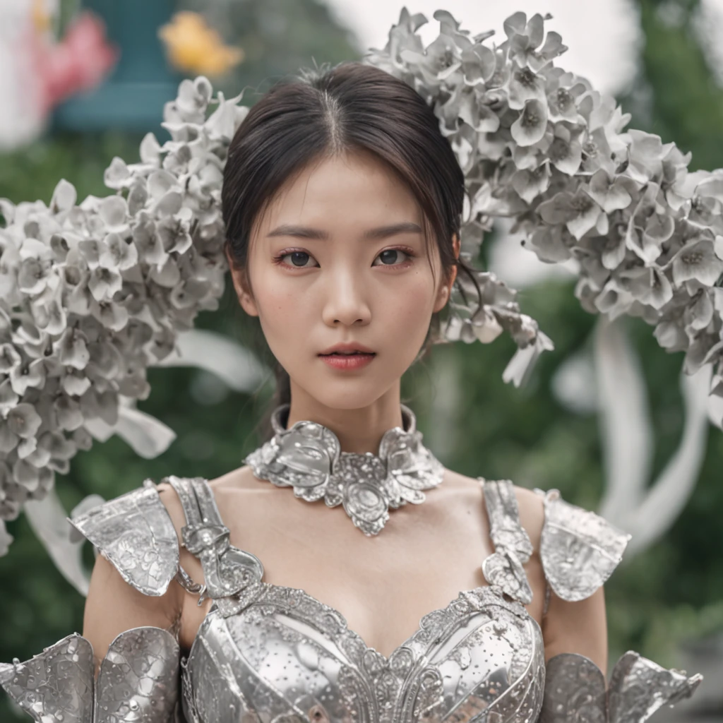 hyper realisitc,The whole body is like a scene,Fine art film style,Wear a futuristic silver metal outfit,Very beautiful female idol,A Hong Kong-style amusement park in the 1990s,Many exploding flowers and streamers,SMA Pentax 75mm F2.8AL,Super realistic,The light is not good,Future Science and Technology City