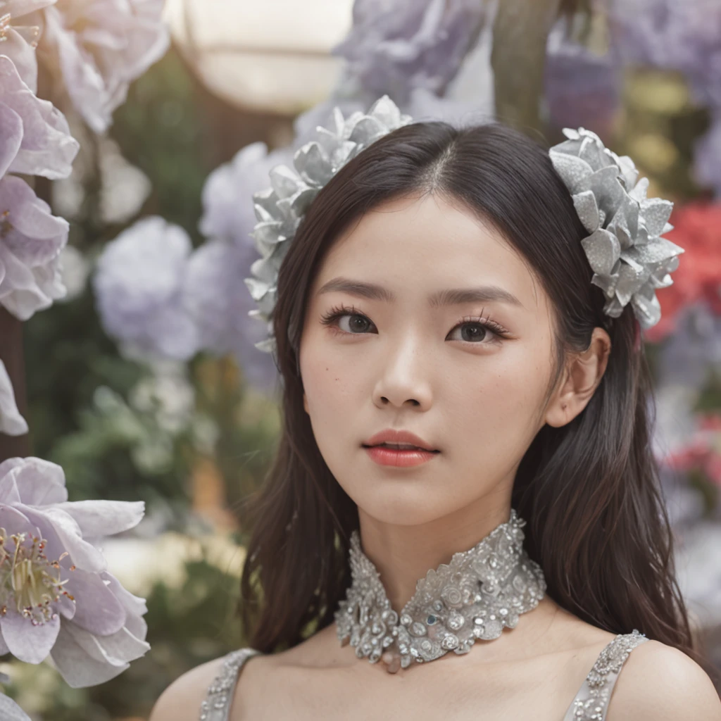 hyper realisitc,Bust scene,Fine art film style,Wear a futuristic silver metal outfit,Very beautiful Korean female idol,A Hong Kong-style amusement park in the 1990s,Many exploding flowers and streamers,SMA Pentax 75mm F2.8AL,Super realistic,The light is not good,Future Science and Technology City