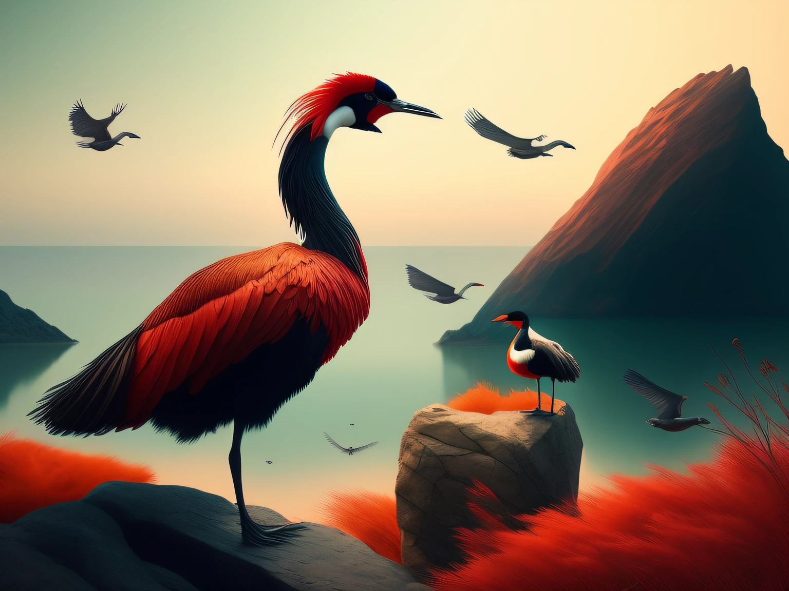 There is a one-legged red-crowned crane standing on a rock in the grass, a digital painting inspired by Mike Winkelmann, cgsociety contest winner, Fantasy art, fiery bird, birds f cgsociety, Beautiful digital artwork, surrealistic bird, Fantasy art Behance, stunning digital illustration, artwork of a phoenix, surrealistic bird, trend on behance 3d art