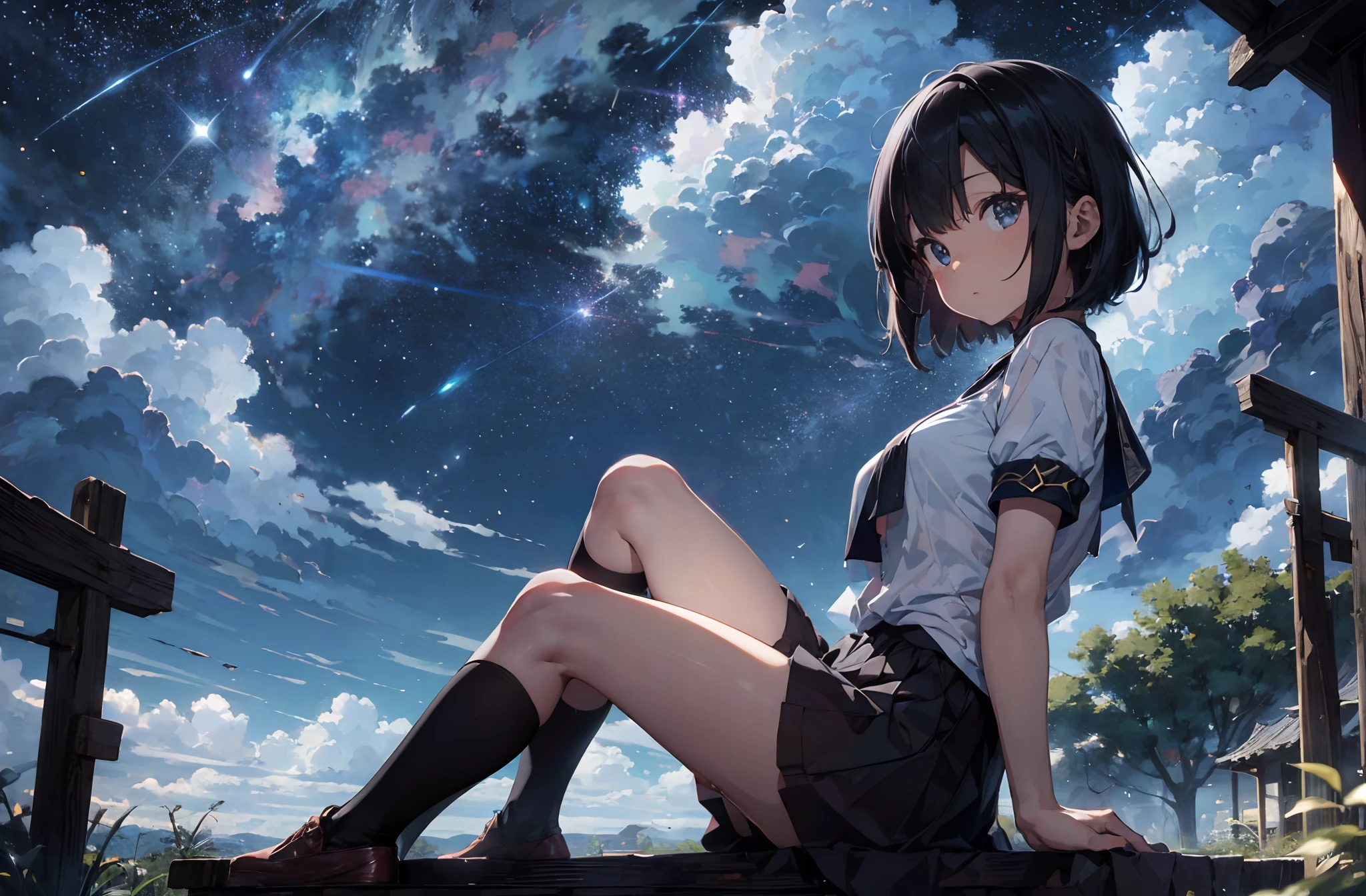 Anime girl sits on a stone and looks at the stars, anime wallpaper 4k, anime wallpaper 4 k, 4k anime wallpaper, anime style 4k, Anime Art Wallpaper 4k, Infinite space in the background, anime art wallpaper 4k, against the background of the galaxy, anime wallpaper, anime art wallpaper 8k, anime background, anime wallpaper