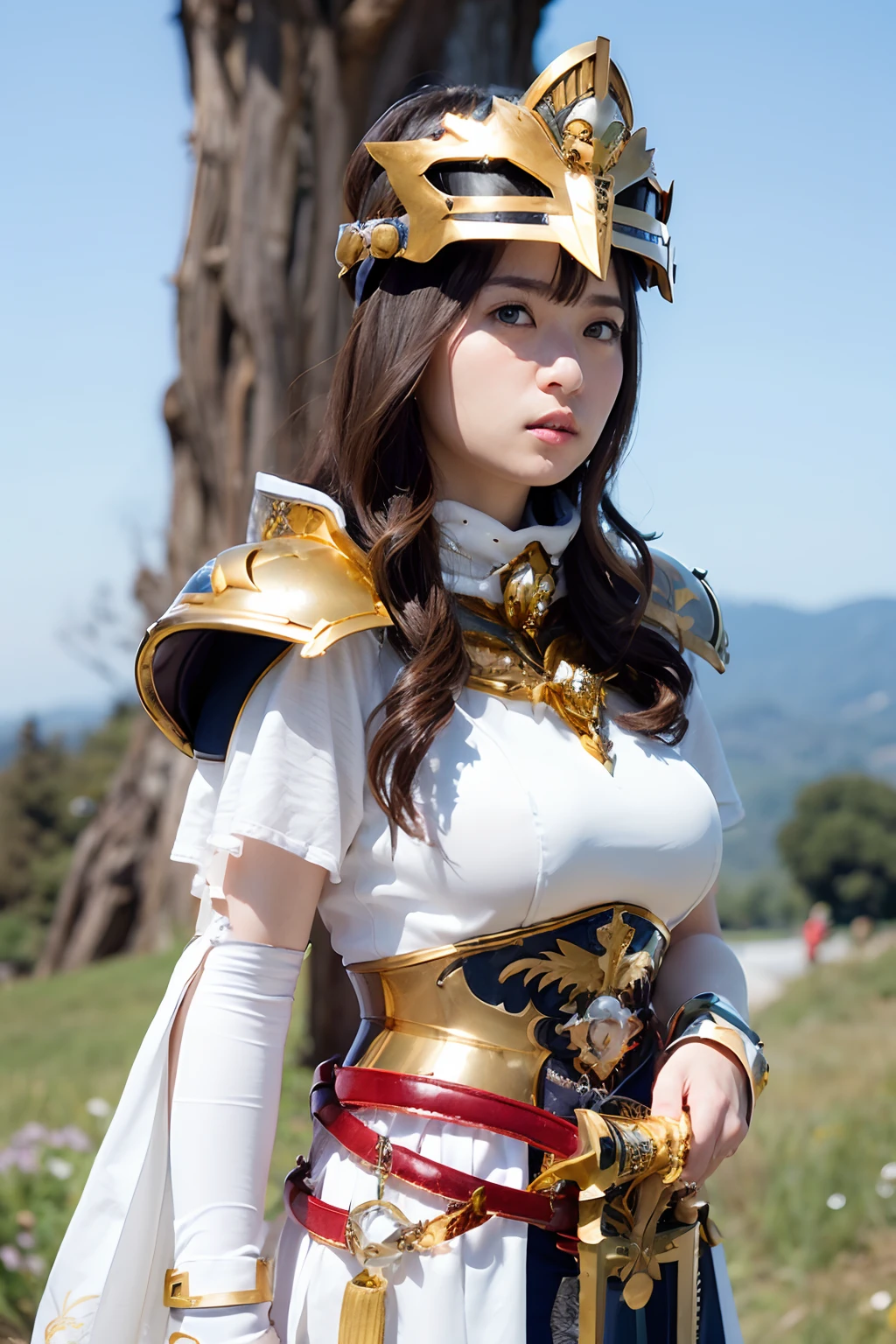 Professional , masterpiece、top-quality、photos realistic , depth of fields ,(Wind element),close-up,dream magical,tornado,Lightning,cleavage of the breast、(Gemstone Gold Jewel Body:1.6),(Matte White、Jewel Gold Weapon_、(Metal:1.4),Gorgeous Jewel Metal Weapons ,(( Detailed Sword of the Brave)) ,(Stand in front of the dragon)、(magic circles、Magic Chanting)、 Castle background ,warhammer 40k ,,Wear a gorgeous jewel helmet with attention to detail、Brown hair、((Gangle's forest background))、Beautiful Caucasian beauty、1a person、dynamic ungle,(((Legendary Armor Jewelry Helmet)))、Particles of light、cleavage of the breast、Battle Pose、Mystical expression、
