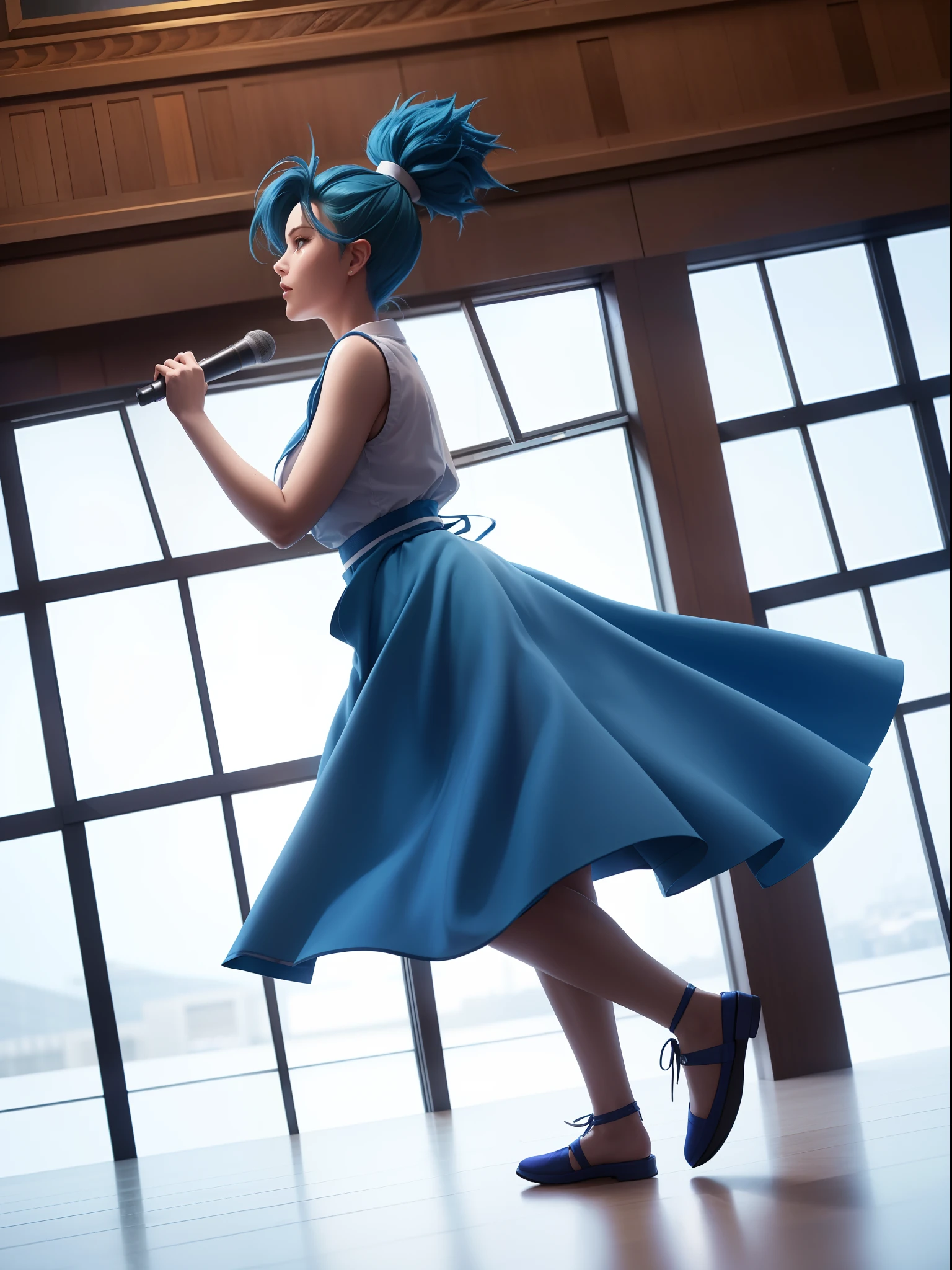 A low-angle shot of a blue-haired woman standing in the center of the Parliament House, her voice ringing out with pride and strength as she speaks of her heritage.