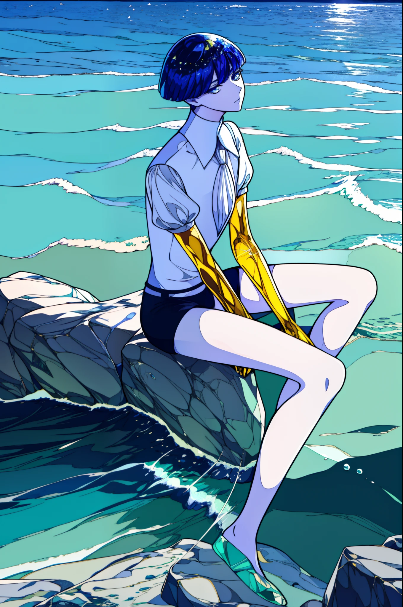 phosphophyllite, sitting down on a rock, ocean, beach, beautiful water, melting golden arms, crystal hair, heterochromia, blue eyes, white eyes, colored eyelashes, gem uniform, necktie, puffy short sleeves, shorts, looking up, sun, looking away from camera, flowers