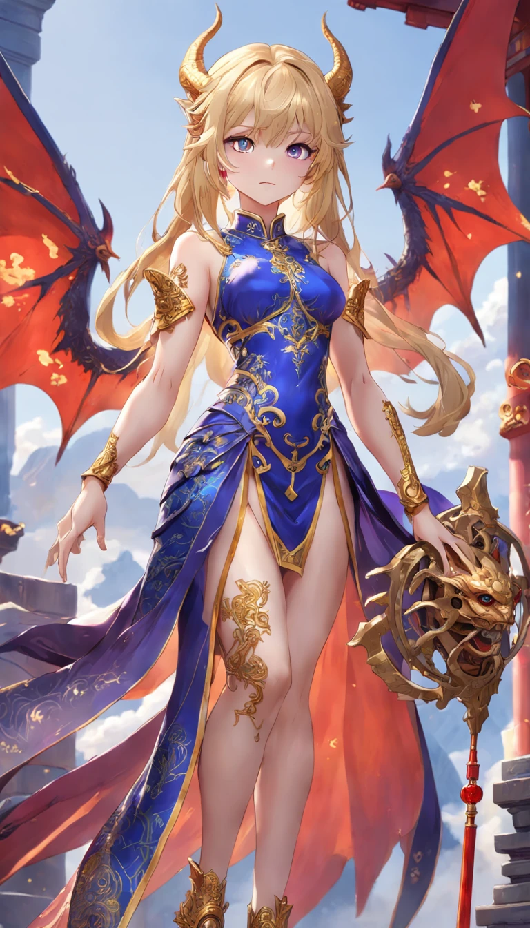 short blonde hair, Sleeveless purple cheongsam with deep slit, Shiny shoulder armor on the shoulders, Gorgeous gold embroidery on cheongsam, shiny leg guards on bare feet with exposed thighs,, Blue Left Eye Dragon Emblem, Golden right eye, Gold tip of magic wand with red jewel in hand on pedestal, Ultra-detailed outline, Highly intricate and detailed fantasy Unreal Engine artwork, Complex and detailed complementary colors, 16K resolution, deviantart masterpiece, An oil masterpiece with heavy strokes and ultra-sharp focus, of the highest quality, Highly detailed CG Unity 8k wallpaper, awardwinning photo, Highly detailed, art  stations, cgsociety, with an intricate, Dramatic, depth of fields, chromatic abberation, high detailing, conceptual art, High quality, nffsw, masutepiece, ccurate, Textured skin, Super Detail, high details, awardwinning, Best Quality, 16 K, hight resolution