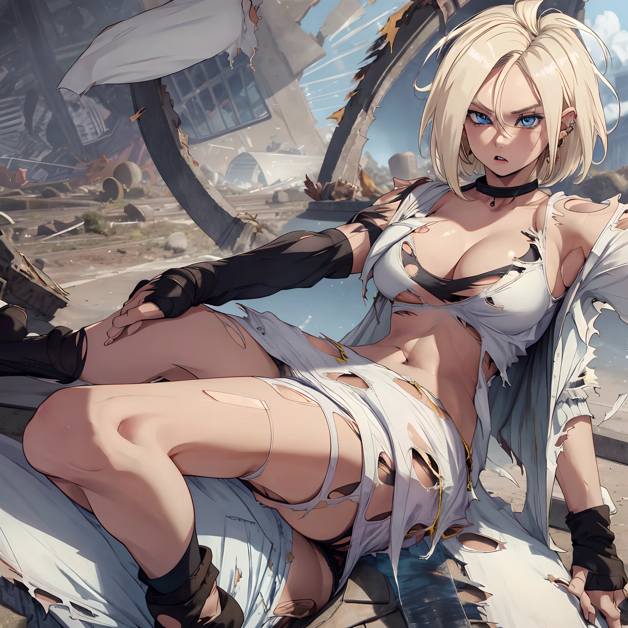 best quality, highres, and18, 1girl, android 18, solo, blonde hair, blue eyes, black gloves, white shirt, short hair, short sleeves, earrings, open vest, large breasts, (ruins:1.3), (torn clothes:2), sitting, expressionless, cleavage, spread legs, nipple, , 3guy