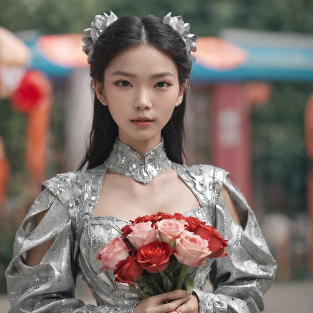 hyper realisitc，The whole body is like a scene，Fine art film style，Wear a futuristic silver metal outfit，Very beautiful female idol，A Hong Kong-style amusement park in the 1990s，Many exploding flowers and streamers，SMA Pentax 75mm F2.8AL，Super realistic，The light is not good，Future Science and Technology City