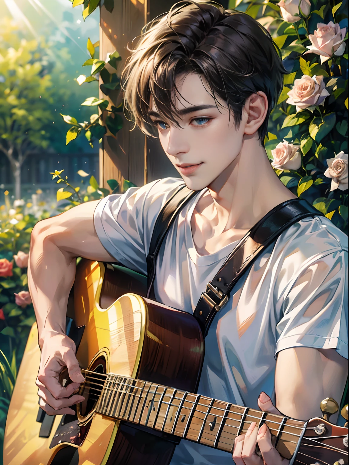 (absurds, Highresolution, hyper detailed, HDR), masterpiece,,best quarity, ,1male people, handsome,, short bob hair, play the guitar,,finely eye and detailed face, (white T-shirts,), dimple,Light Smile,(Rose garden background, spring time, Glowing sunlight)