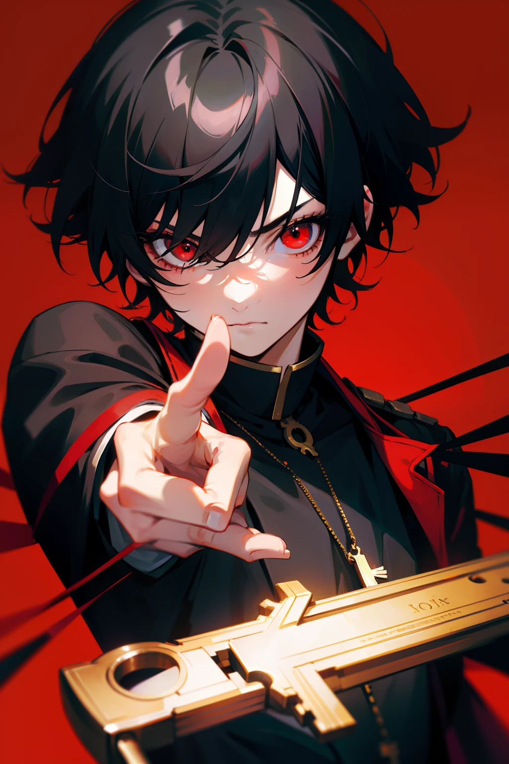 Black-haired, red-eyed boy,Point to the key in front of you