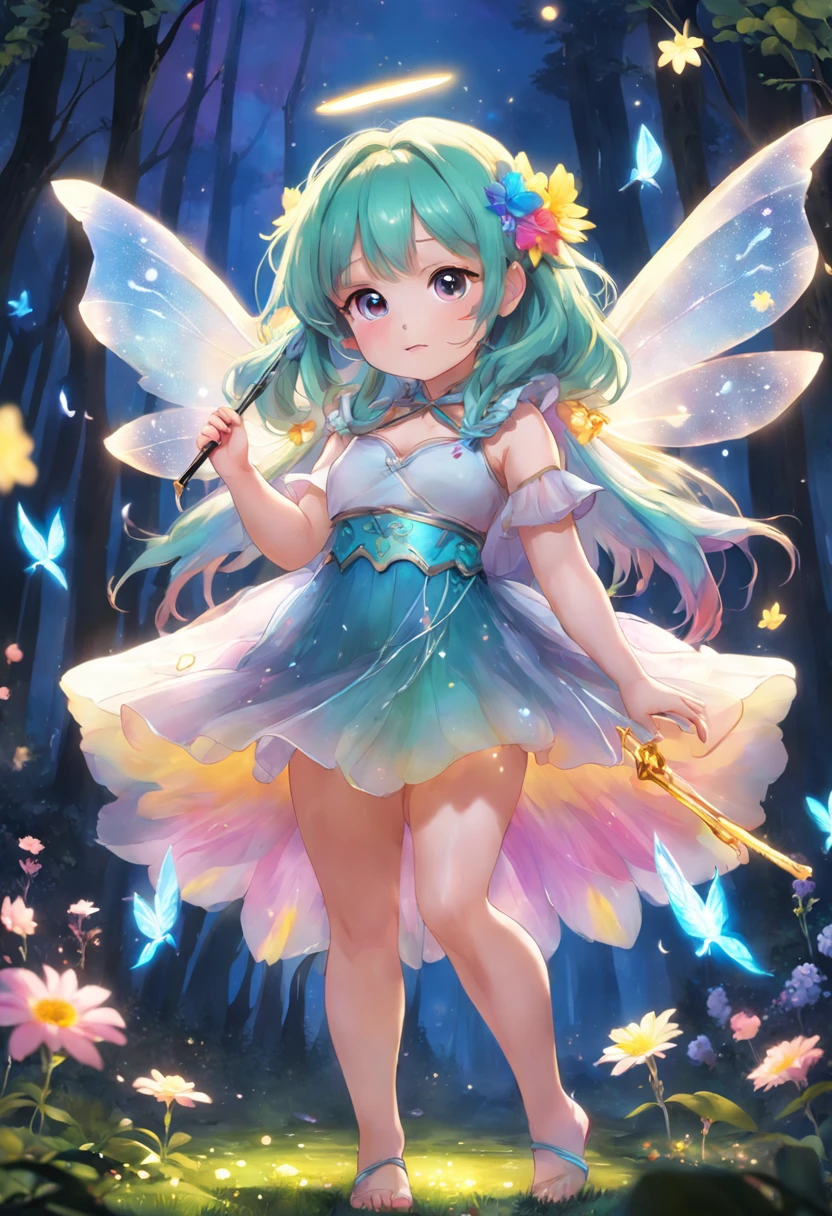 ln the forest,night moon,Mini cute 3 flower fairy, Chubby toot,Skirt made of petals,fresh flowers,Colorful colorful,Transparent colorful wings, Magic wand,closeup cleavage,Light attenuation,Glow effects,depth of fields,high light,Real light,Ray traching,oc rendered,Hyper-realistic,best qualtiy,8K,Works of masters,super-fine,Detailed pubic hair,Correct anatomy,sharp focus on eyes,Bokeh,Facial features are carefully depicted