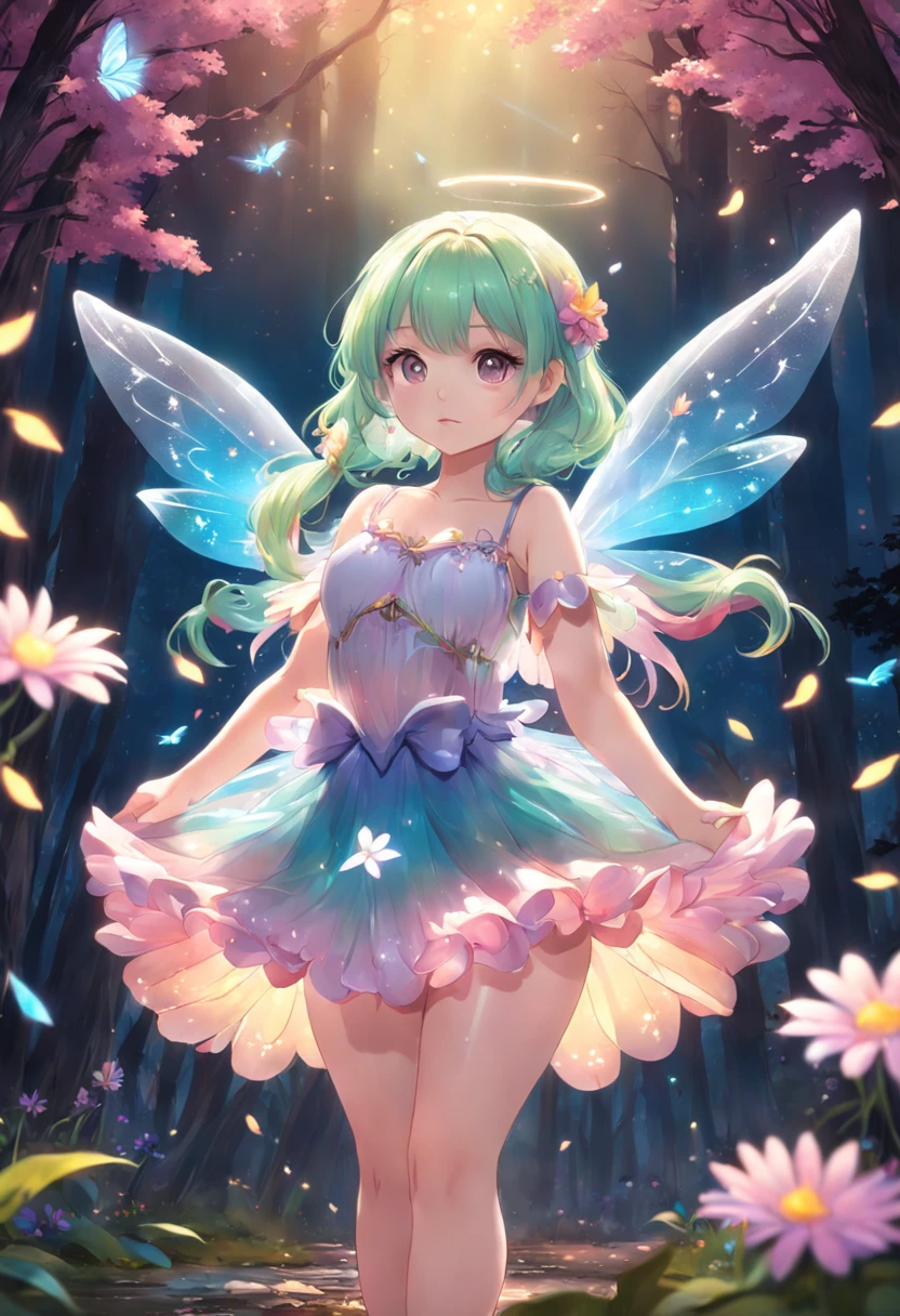 ln the forest，night moon，Mini cute 3  flower fairy, Chubby toot，Skirt made of petals，fresh flowers，Colorful colorful，Transparent colorful wings, Magic wand，closeup cleavage，Light attenuation，Glow effects，depth of fields，high light，Real light，Ray traching，oc rendered，Hyper-realistic，best qualtiy，8K，Works of masters，super-fine，Detailed pubic hair，Correct anatomy，sharp focus on eyes，Bokeh，Facial features are carefully depicted