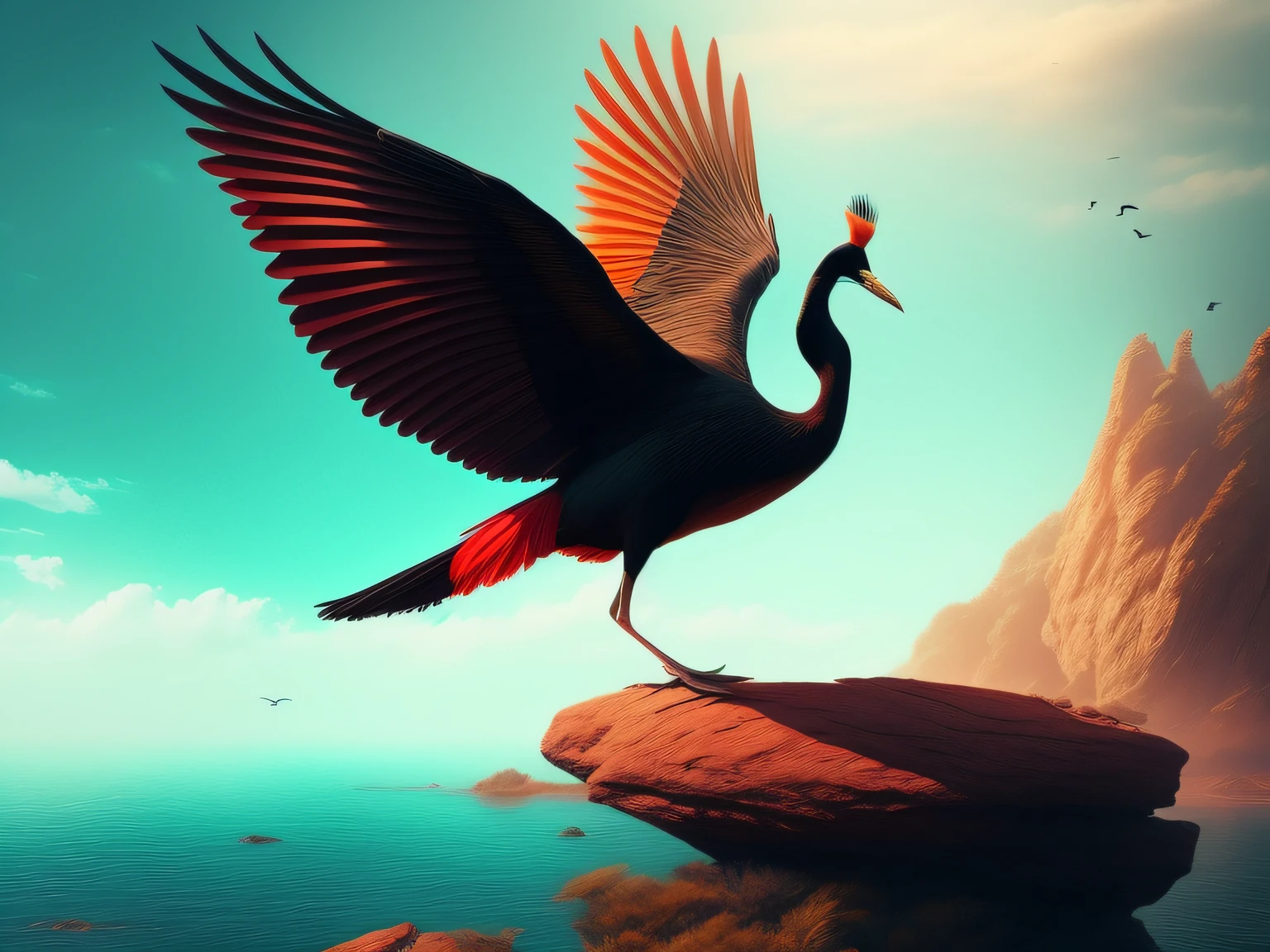 There is a one-legged red-crowned crane standing on a rock in the grass, a digital painting inspired by Mike Winkelmann, cgsociety contest winner, Fantasy art, fiery bird, birds f cgsociety, Beautiful digital artwork, surrealistic bird, Fantasy art Behance, stunning digital illustration, artwork of a phoenix, surrealistic bird, trend on behance 3d art