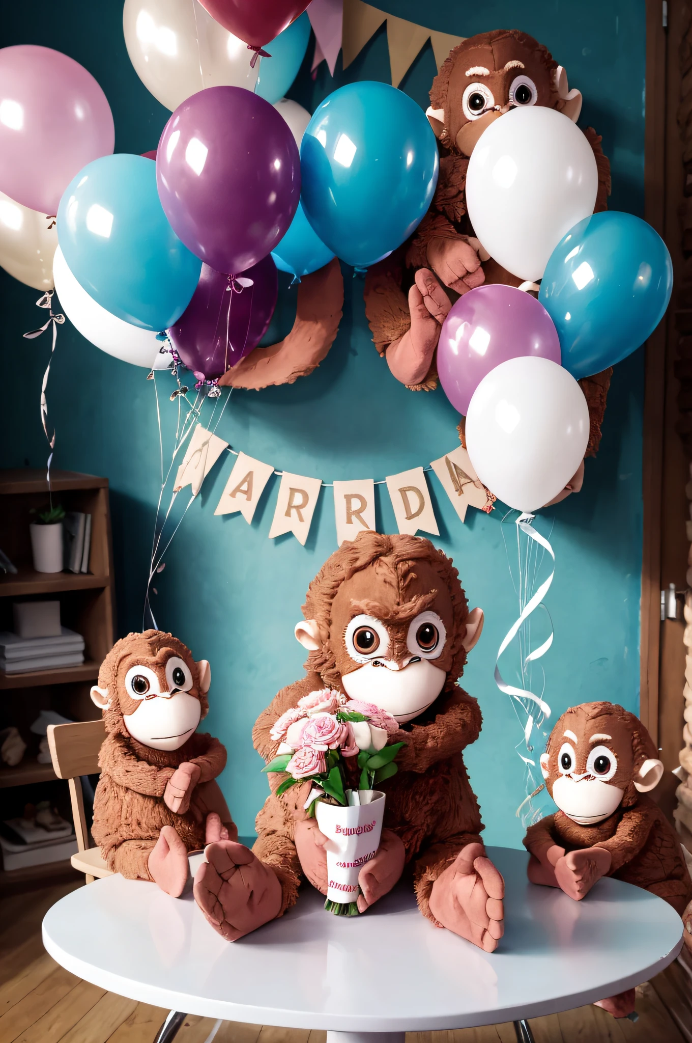 Five monkeys are sitting at a smartly decorated table with a huge birthday cake with lit candles and a bouquet of flowers. The room is decorated with balloons and lands.