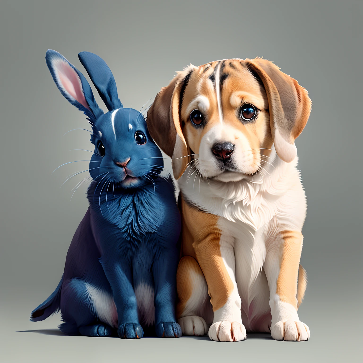 A beagle-colored brown and blue rabbit with different eyes