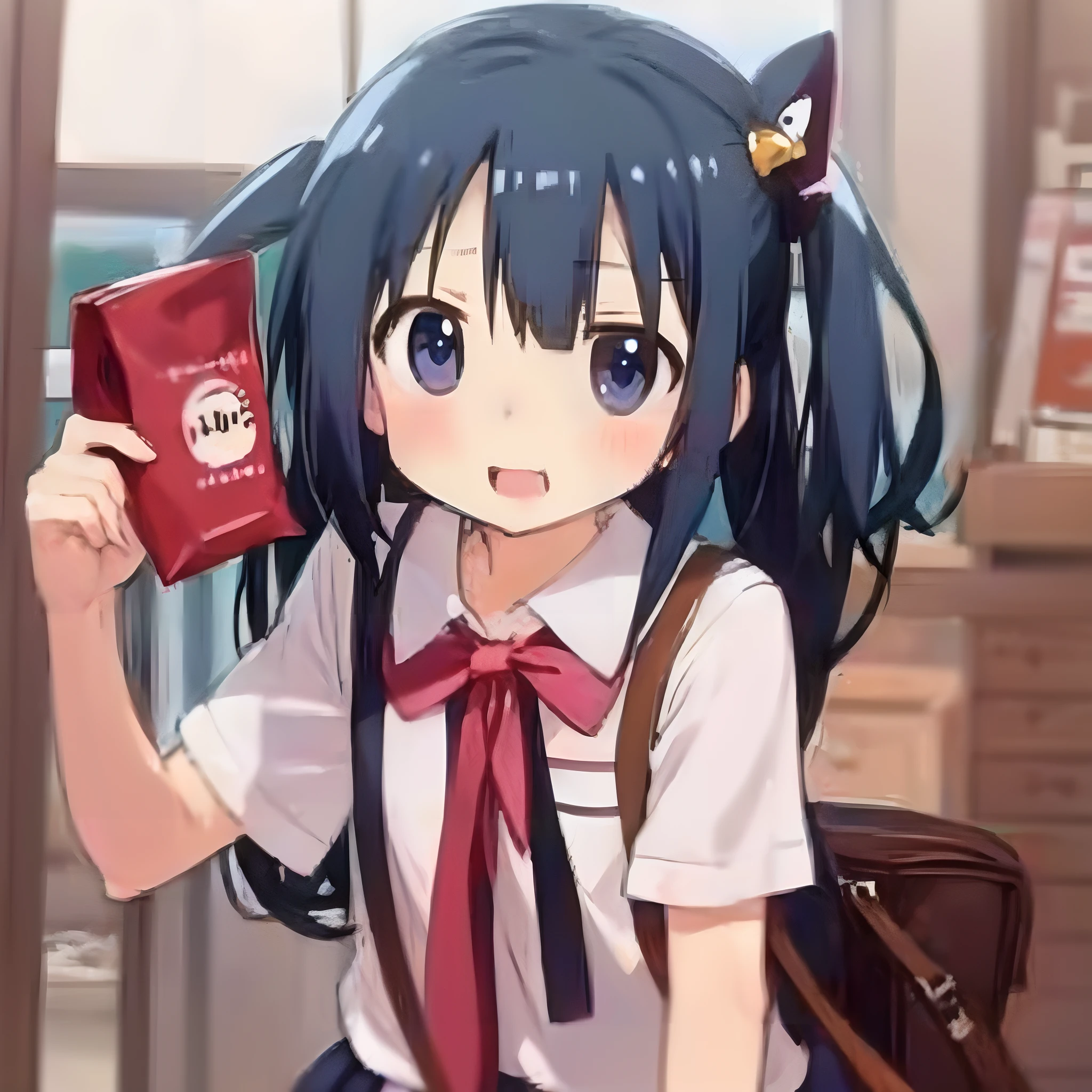 Anime girl with blue hair and brown bag in front of window, nichijou, Anime girl named Lucy, yuruyuri, Twin-tailed, Anime visuals of cute girls, nagatoro, mitsumayo, Cute!! Chibi!!! girl, Rin, small kinmoza!, Mikudayo, safebooru anime image,(top-quality、8K、32K、masterpiece、nffsw:1.2)、
