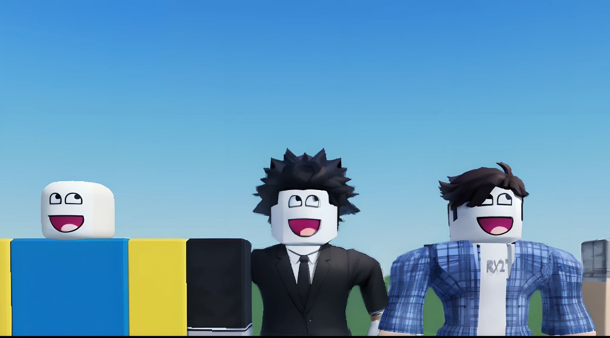 Three cartoon characters stand side by side in front of a building, Robrock avatar, Roblox, Screenshot of Roblox, minimalistic background, some background blur, profile picture 1024px, minimal background, animation style render, random content, Random style, high quality topical render, Plain background, Background blur, server in the middle, Simple background, fvckrender