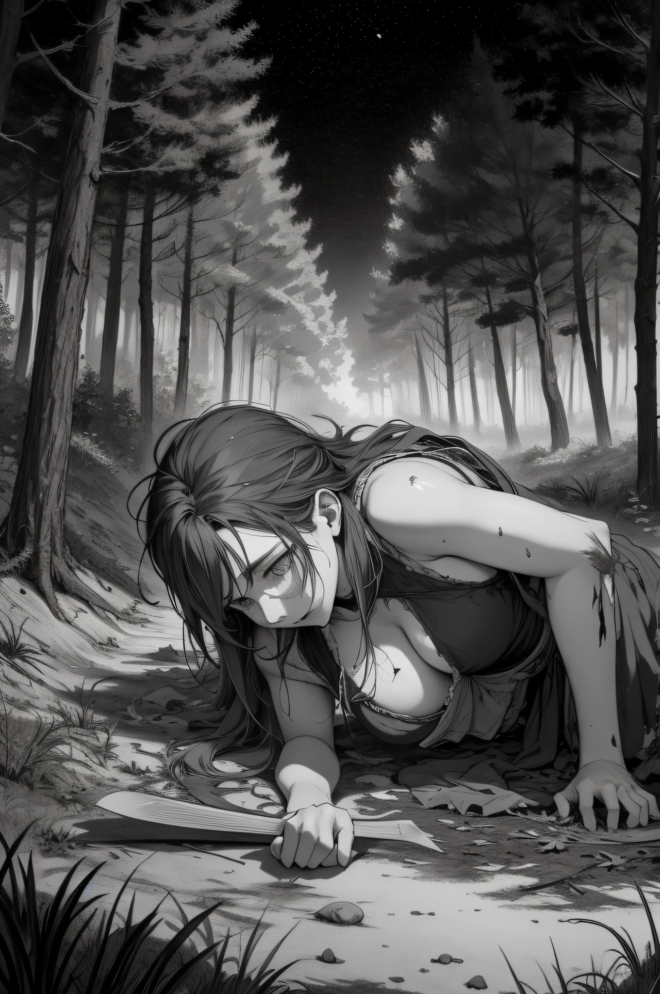 A body cut up on the ground of a forest in the middle of the night, gore filled scene, medieval times, manga panel, manga drawing , manga shading, 4k, horror drawing