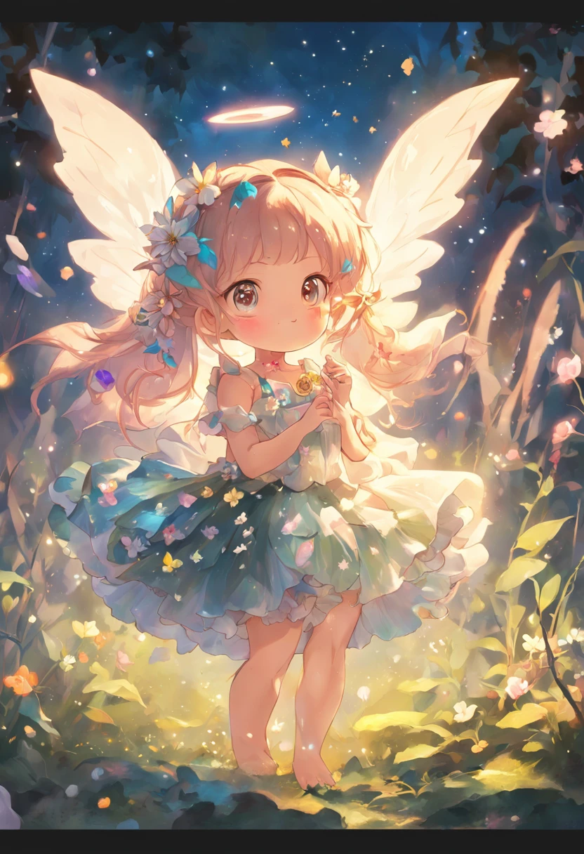 ln the forest，night moon，Mini cute 3 year old flower fairy, Chubby toot，Skirt made of petals，fresh flowers，Colorful colorful，Transparent colorful wings, Magic wand，closeup cleavage，Light attenuation，Glow effects，depth of fields，high light，Real light，Ray traching，oc rendered，Hyper-realistic，best qualtiy，8K，Works of masters，super-fine，Detailed pubic hair，Correct anatomy，sharp focus on eyes，Bokeh，Facial features are carefully depicted
