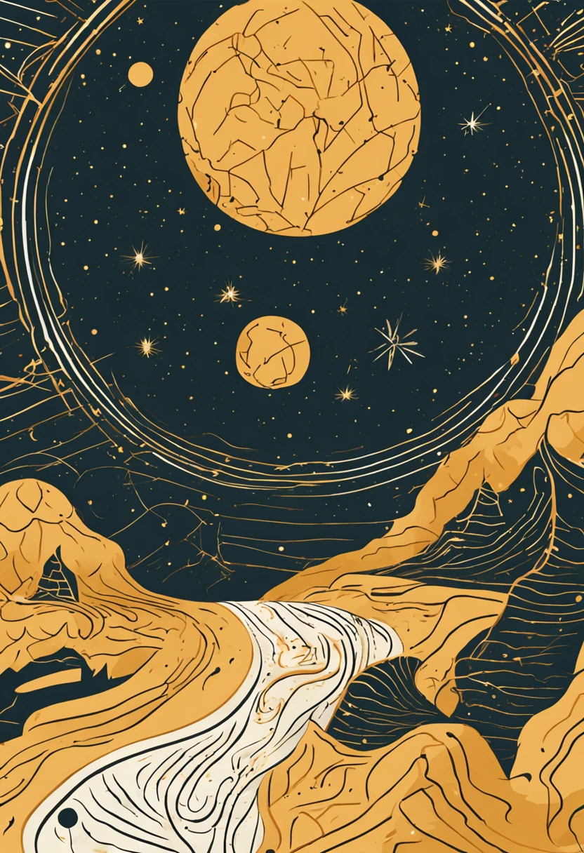 a gold moon with constellations, in the style of retro-futuristic propaganda, animated gifs, logo, gold and black, subtle gradients, hurufiyya, tenwave