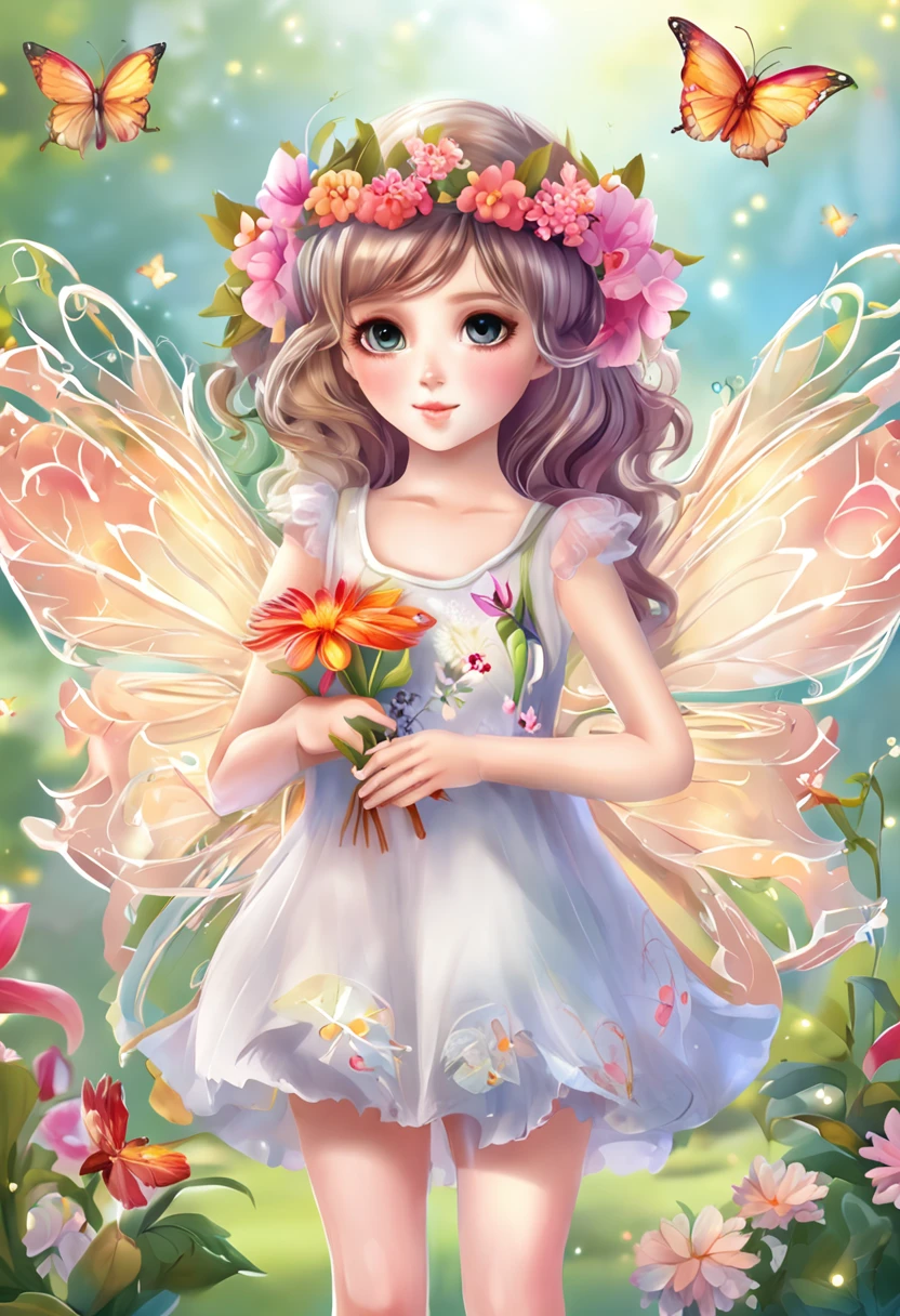 ln the forest，night moon，Mini cute 3 year old flower fairy, Chubby toot，Skirt made of petals，fresh flowers，Colorful colorful，Transparent colorful wings, Magic wand，closeup cleavage，Light attenuation，Glow effects，depth of fields，high light，Real light，Ray traching，oc rendered，Hyper-realistic，best qualtiy，8K，Works of masters，super-fine，Detailed pubic hair，Correct anatomy，sharp focus on eyes，Bokeh，Facial features are carefully depicted