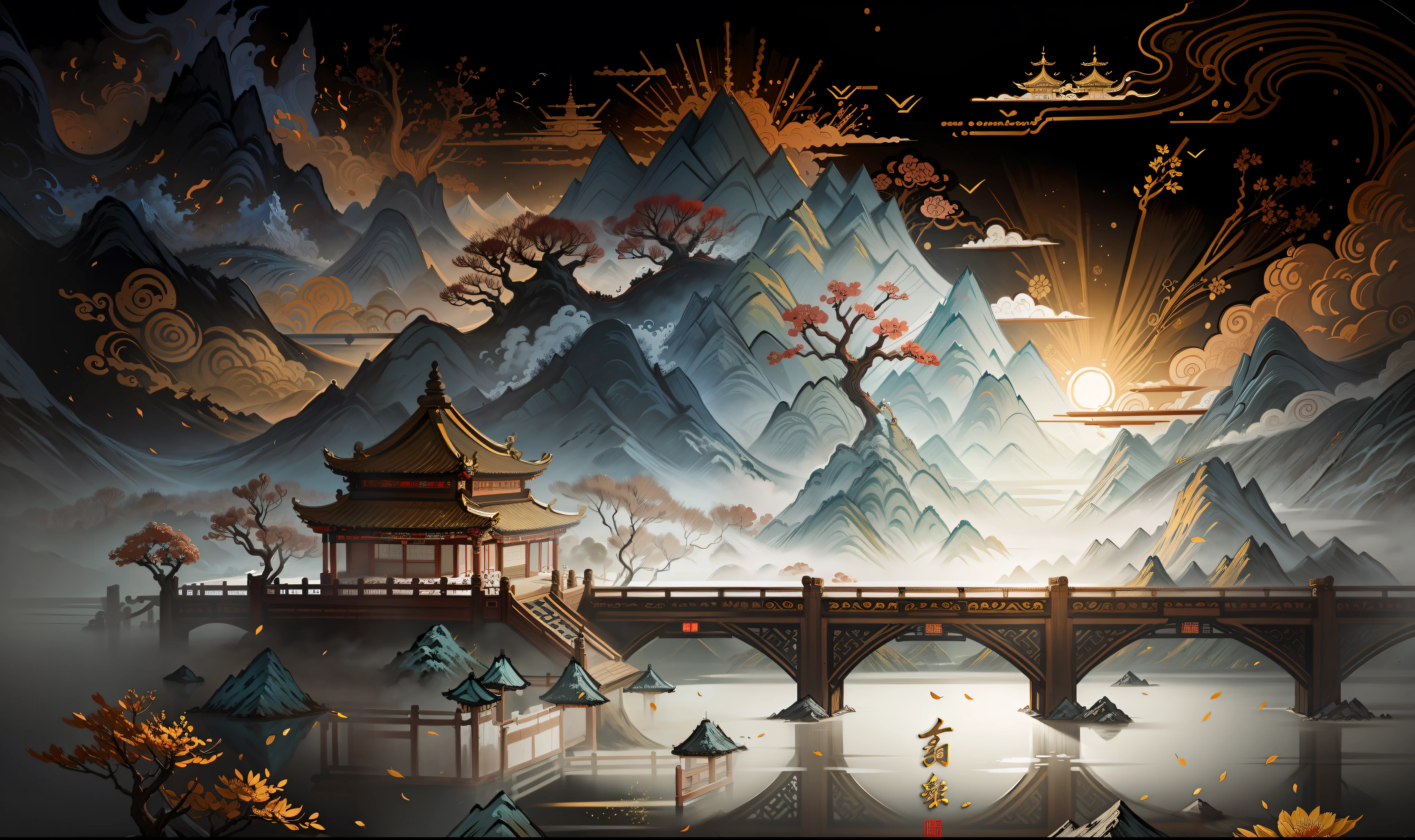 An ancient Chinese painting, ancient Chinese background, mountains, rivers, auspicious clouds, pavilions, sunshine, masterpieces, super detail, epic composition, ultra HD, high quality, extremely detailed, official art, unified 8k wallpaper, Super detail, 32k -- v 6