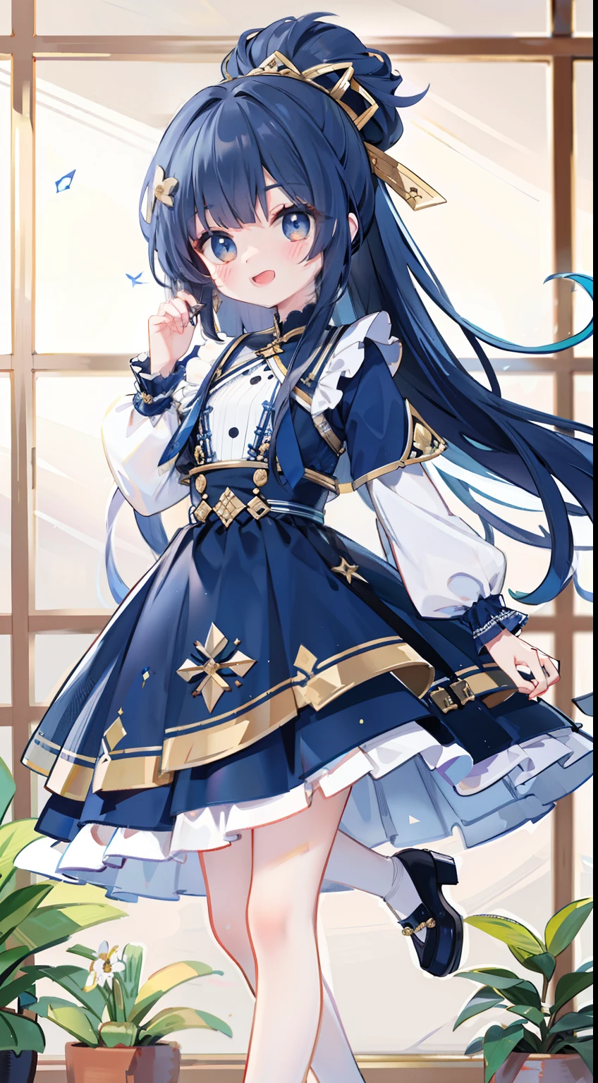 ((​masterpiece、top-quality、detaileds)), 4K ,8K ,Haigress, 1 girl in, darkblue hair, (long hair up to the waist), Golden Eyes, dress with many ruffles, Dark blue dress, beautiful foot、full body Esbian、(is standing) towns, buliding, borgar, florals, rays of sunshine, Daylight mottled, :D, [[[broken face]]], [[Bad face]], [[Fused fingers]]