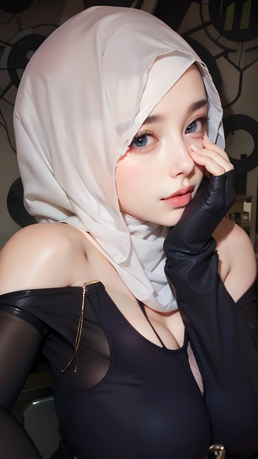 (Sfw big breast), cleavage, (hijab), open_clothes, transparent_clothes, sexy breast, wearing sexy bra, real skin, real breast, real face, real skin, realistic face, realistic skin, beautiful eyes, detailed eyes, detailed facial features, detailed face and breast,