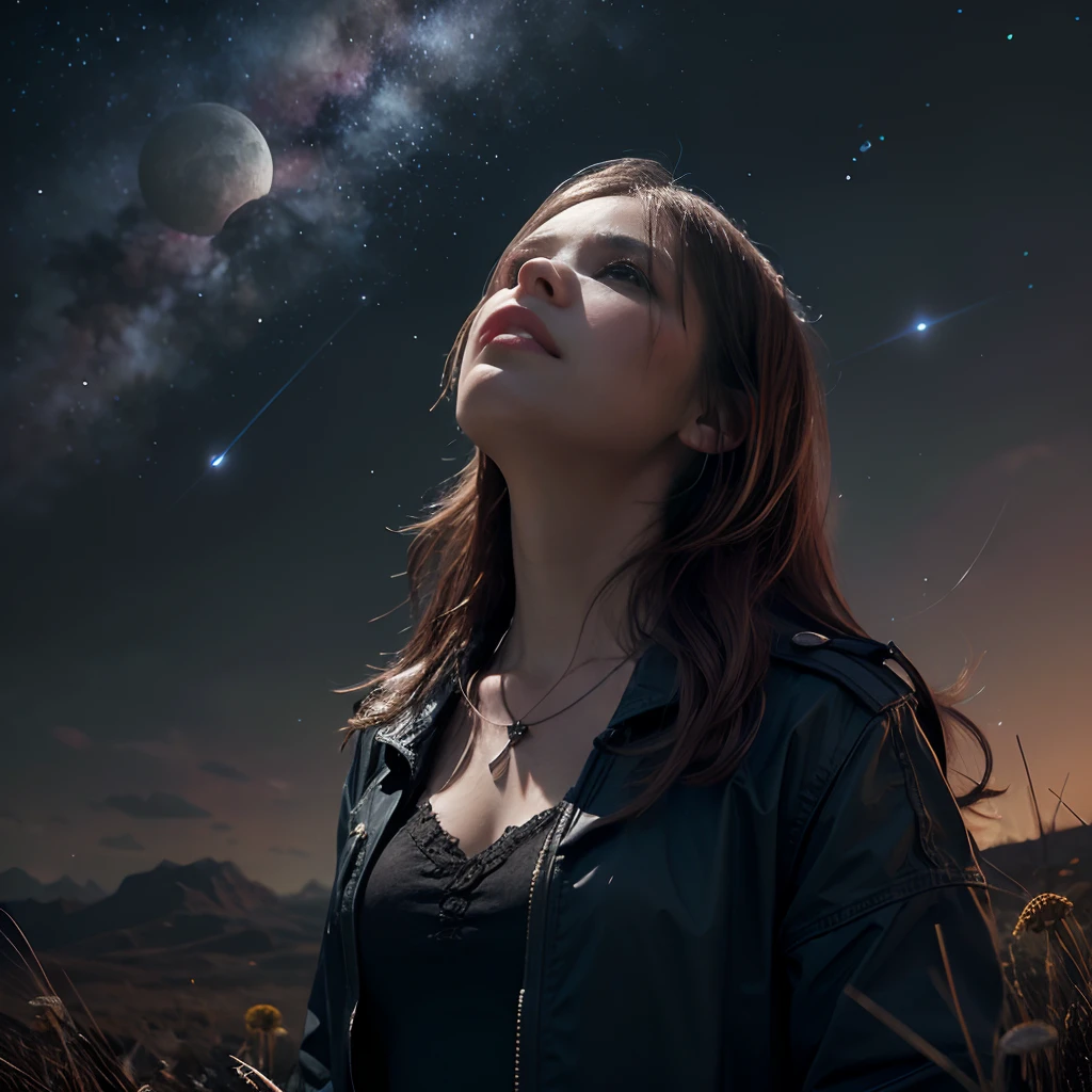 (Absurd, Cinematic, nffsw, Haute, ultra-detailliert, ultra-detailliert), Woman looking up at the sky, upper body closeup, Dark purple sky, Nebulae in the sky, The Last Five in the Sky, Big moon in the sky, shooting stars, Dandelion field, mont, Oil Painting, Detailed dandelion field, Detailed sky, Sunset, unreal engine 4k wallpaper