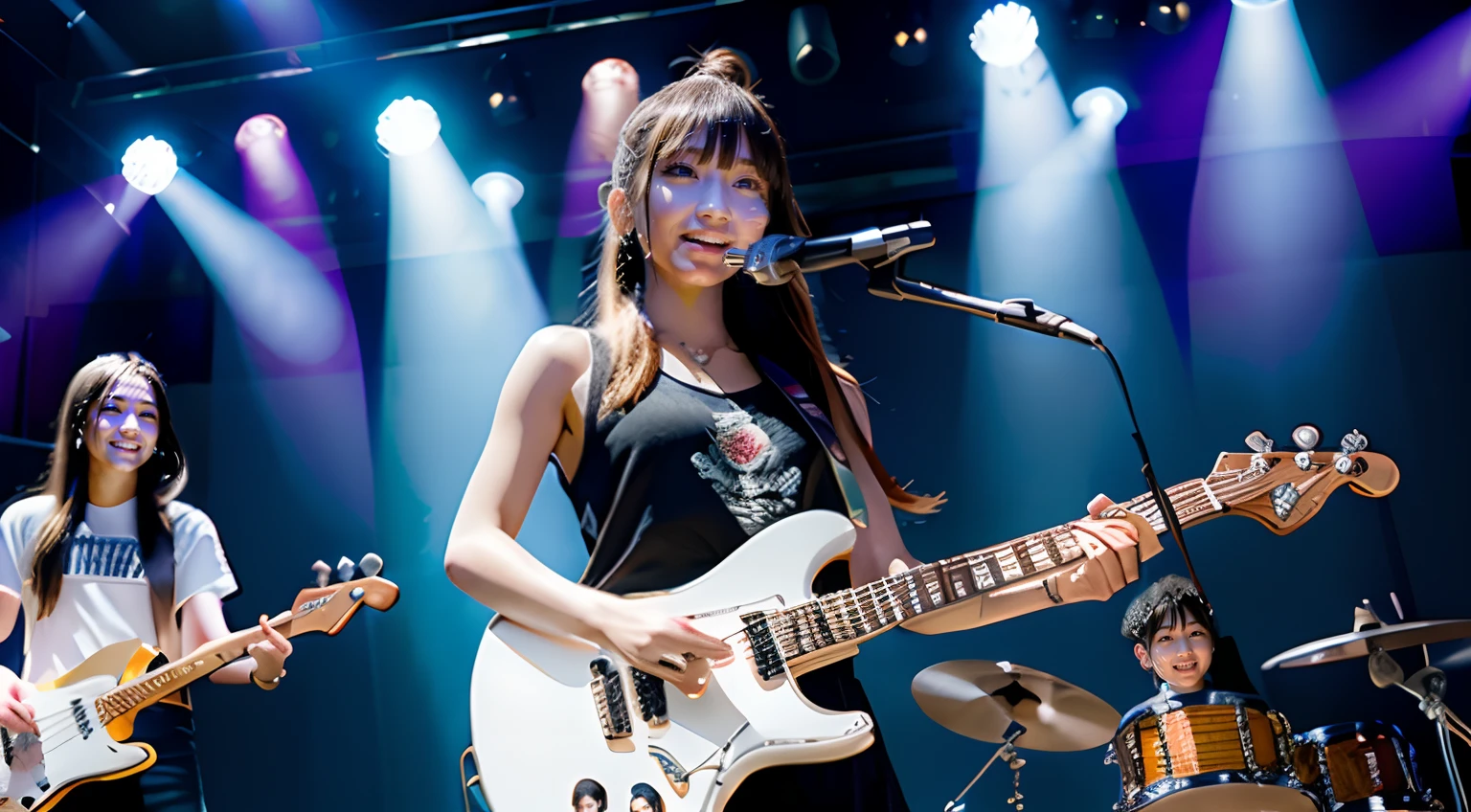 masterpiece、top-quality、Photo Realisticity、hight resolution、Three beautiful girls are depicted、High school students、live house、stage、Live Play、Long-haired guitarist holding electric guitar and singing、Ponytail bassist playing electric bass next to vocalist、Drummer with a bob cut hairstyle、hard rock、A smile、Sweating、White backlight、Powerful seven-color light source