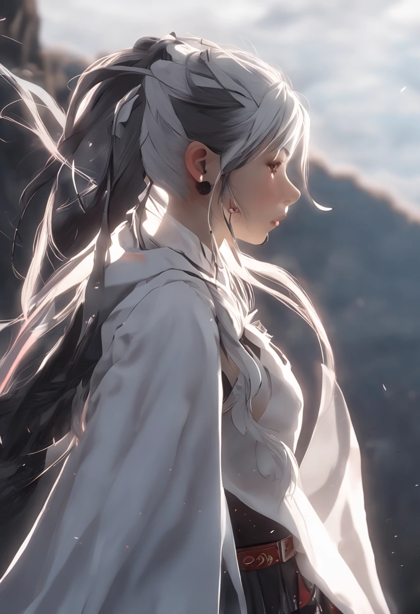 White-haired, high-ponytailed, sassy girl, back flowing black cloak，A mysterious atmosphere illuminated by the sunset