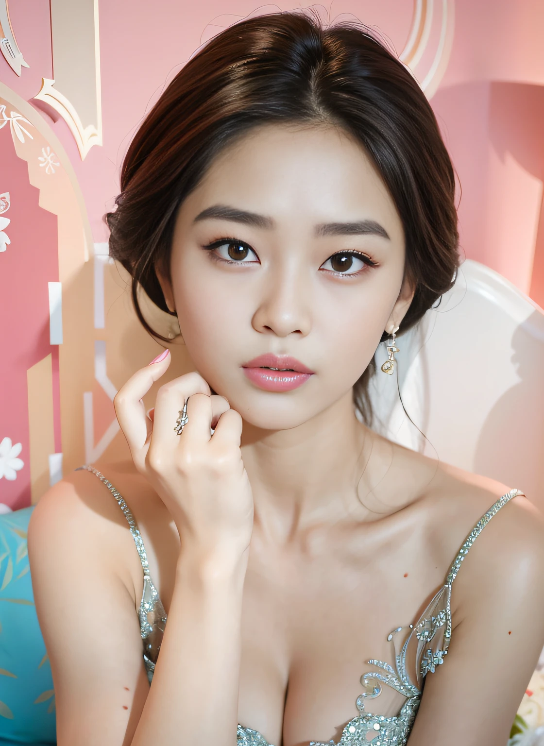 araffe asian woman in a silver dress posing for a picture, Beautiful young Korean woman, Popular Korean makeup, Popular Korean makeup, Gorgeous young Korean woman, young lovely Korean faces, male people, korean artist, beautiful Korean women, Soft portrait shot 8 K, hwang se - on, Choi Hyun-hwa, yanjun cheng,The face shape does not change,The nails are red,Simple suspenders,ssmile,The background is neat